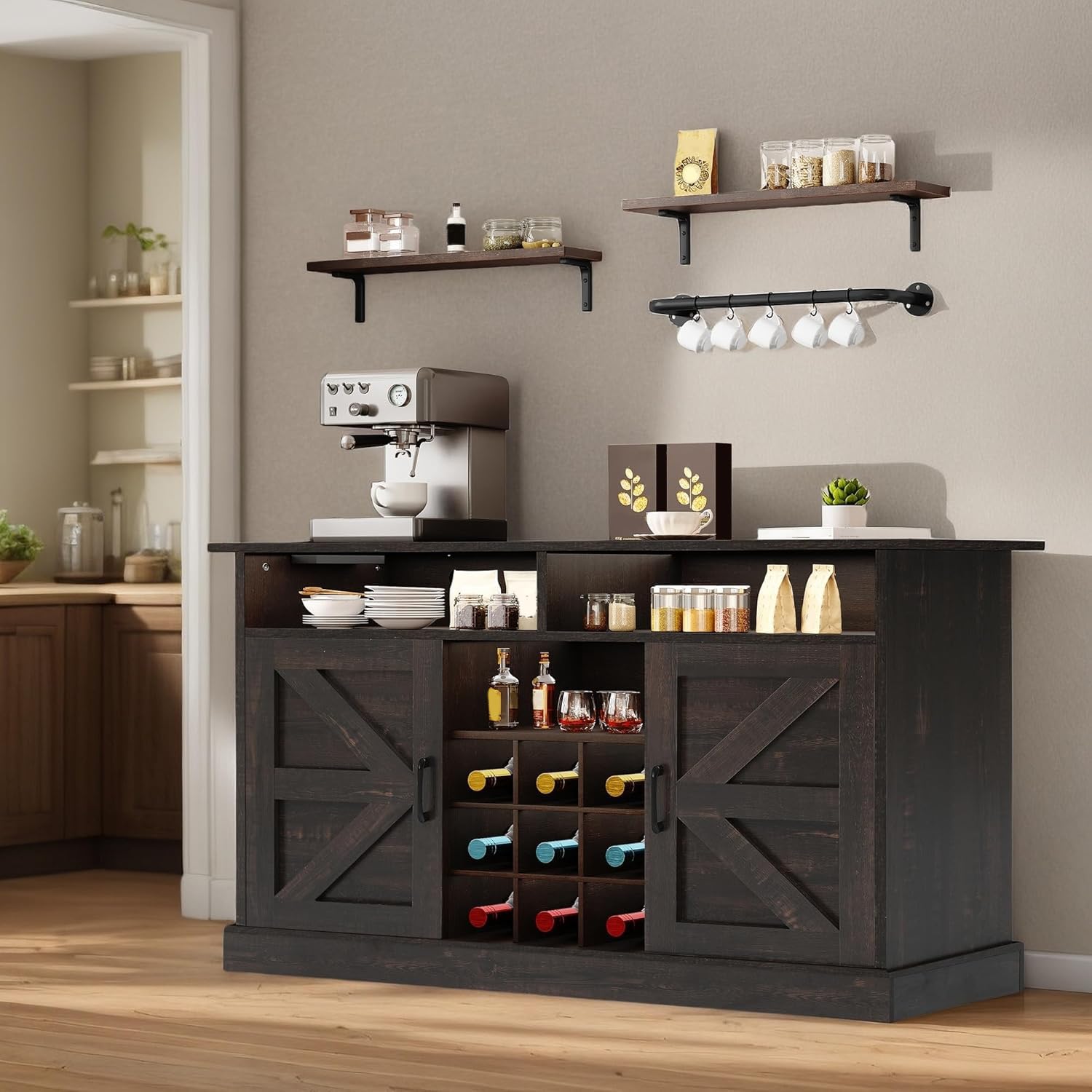 Yitahome Buffet Cabinet With Storage, 52' Farmhouse Coffee Bar With Power Outlet, Floating Shelves, Multi-Functional Storage Si