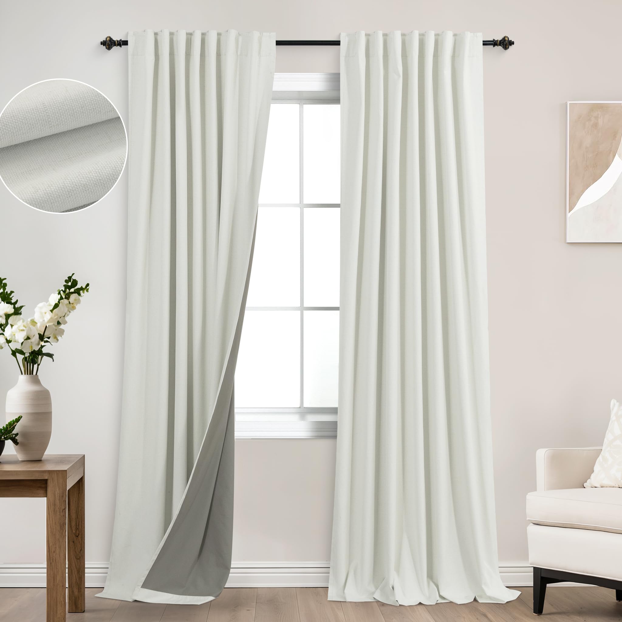 Koufall 52X84 Inch Length Ivory Back Tab Linen Blackout Curtains