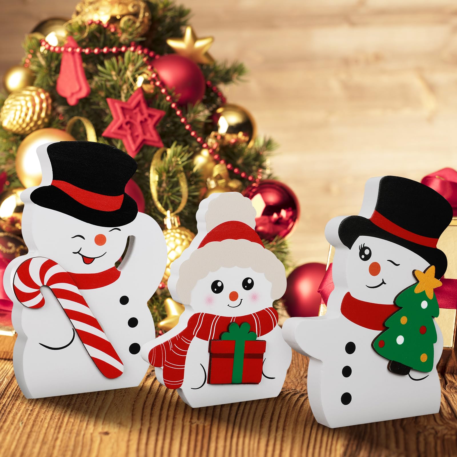 COCHIE Snowman Christmas Decorations Indoor, Cute Snowman Winter Tiered Tray Decor Set of 3, Wooden Snowman Blocks Xmas Table De