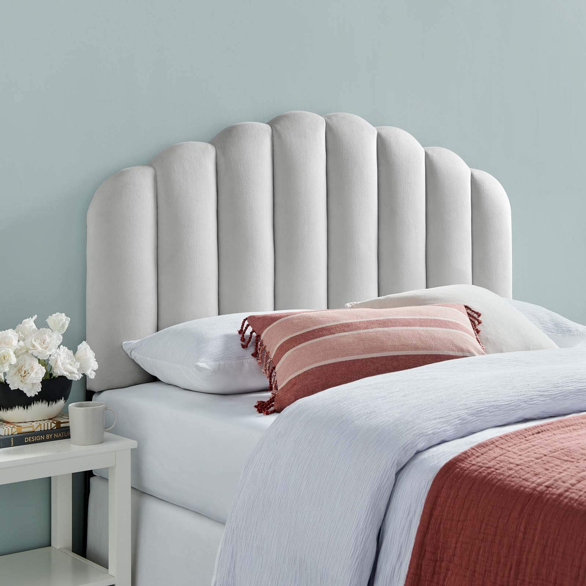 Modway Veronique Channel Tufted Performance Velvet Upholstered Twin Headboard in Light Gray