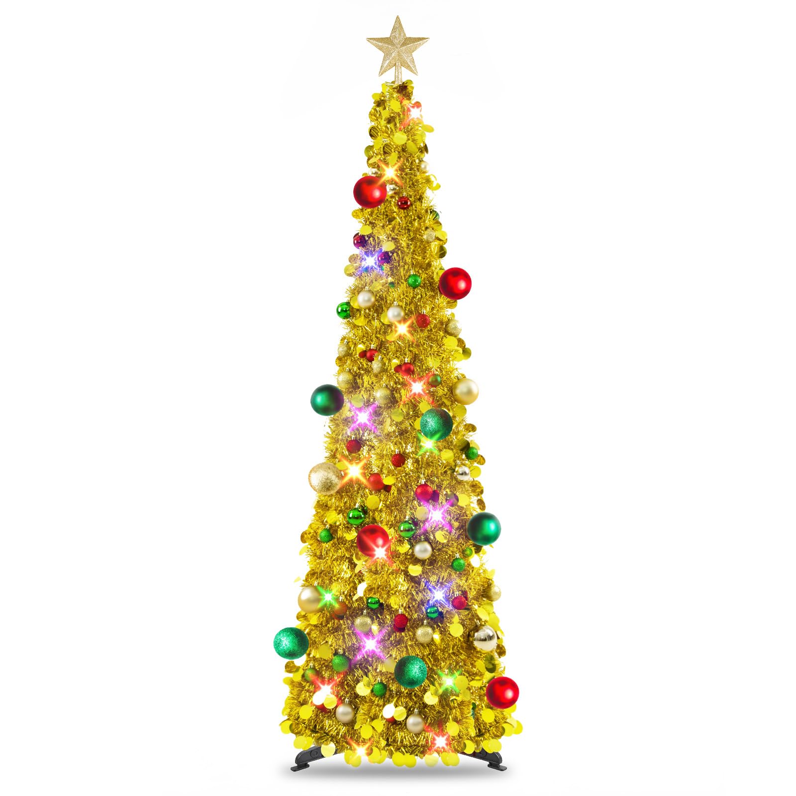 N&T NIETING Pop Up Christmas Tree with Lights & 30 Balls, 5Ft Collapsible Gold Tinsel Christmas Tree Decorations, Pencil Christm