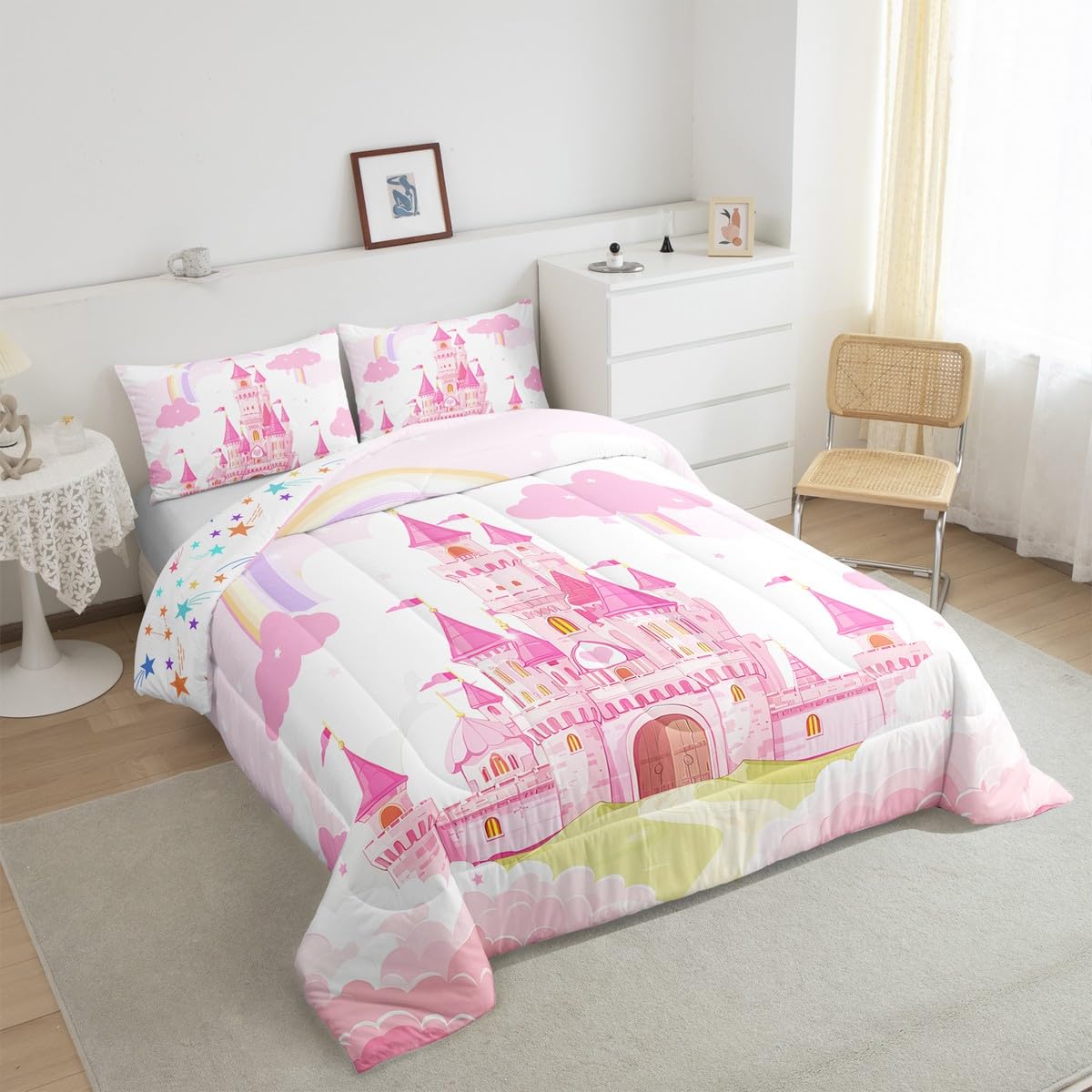 Feelyou Kids Queen Pink Castle Comforter Set Boys Girls Rainbow Castle Bedding Set Girls Princess Comforter Fairy Tales Duvet Se
