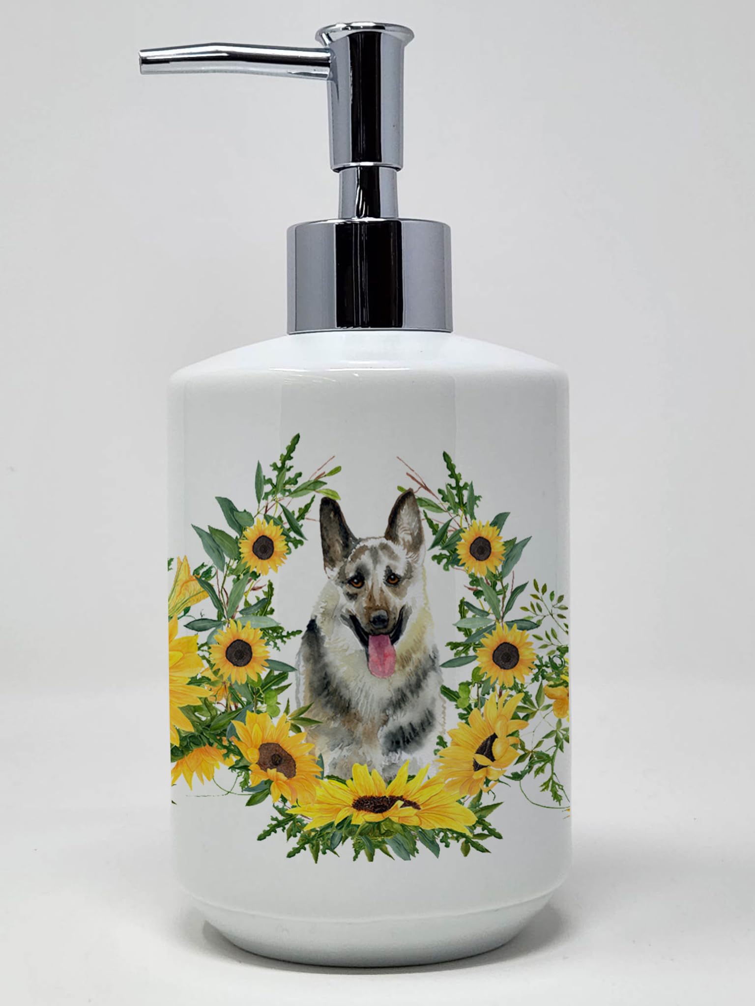 Caroline's Treasures CK2841SOAP East-European Shepherd in Sunflowers Ceramic Soap Dispenser Hand Soap Dispenser Pump Bottles for