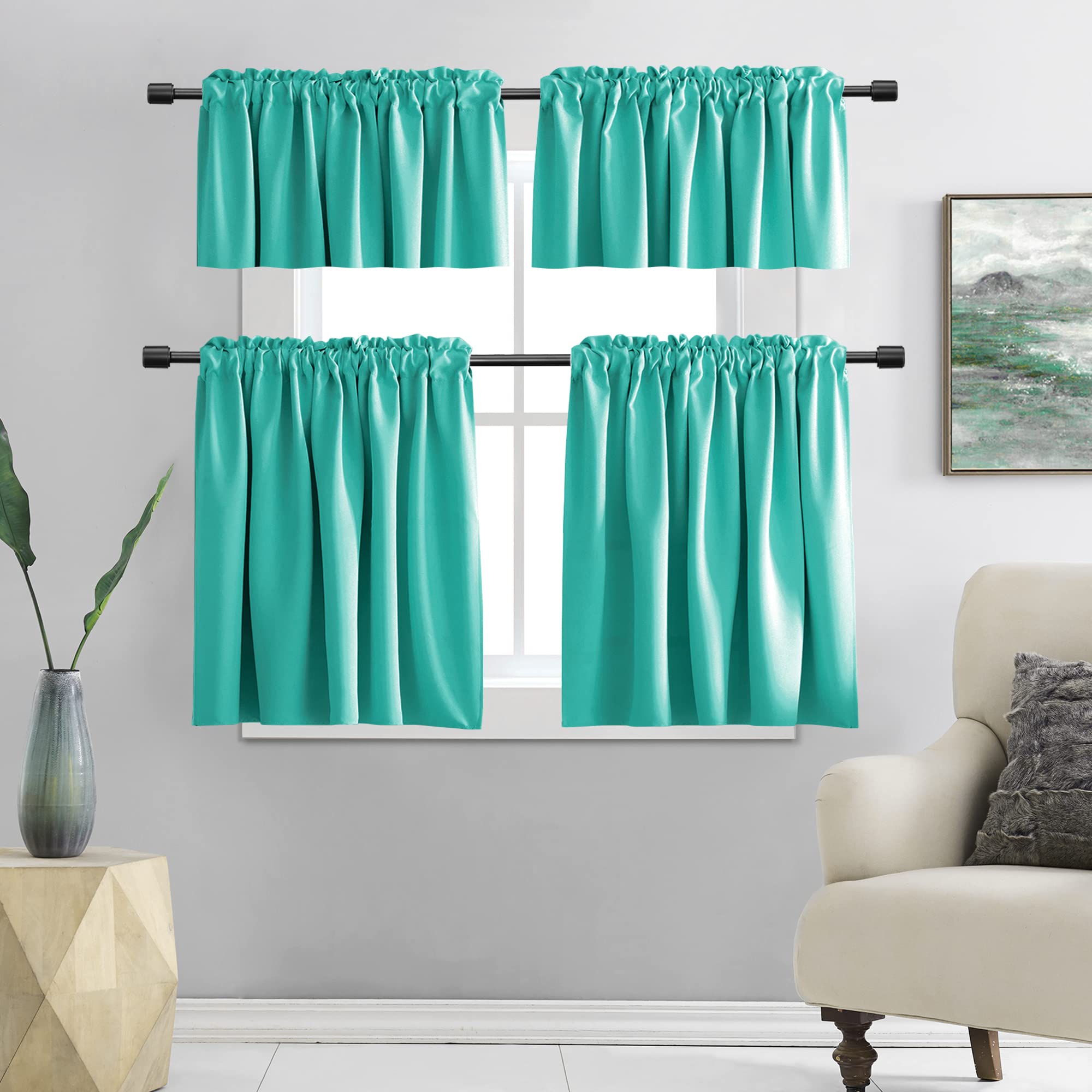 Donren Turquoise Kitchen Blackout Curtain Tiers - Small Curtains For Loft With Rod Pocket(30 W X 36 Inches Long,2 Panels)