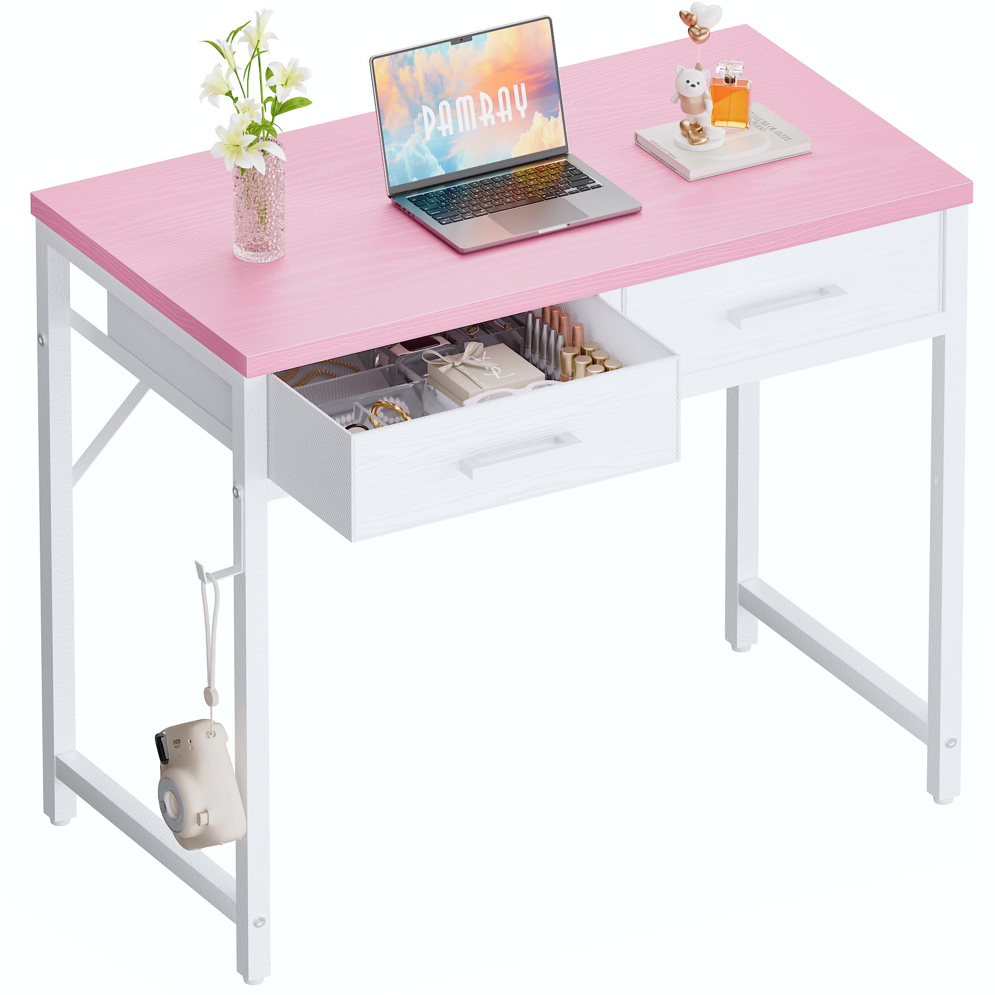 Pamray 32 Inch Small Computer Desk with 2 Drawers for Bedroom Study Wr ...