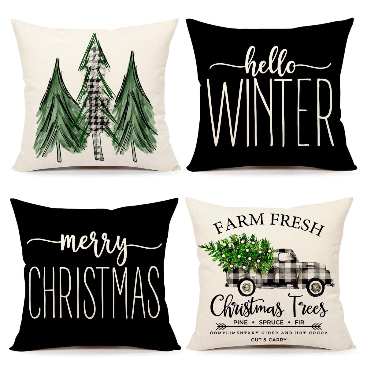 4Th Emotion Gray Black Christmas Pillow Covers 18X18 Set Of 4 Farmhouse Xmas Decorations Merry Christmas Tree Truck Hello Winter