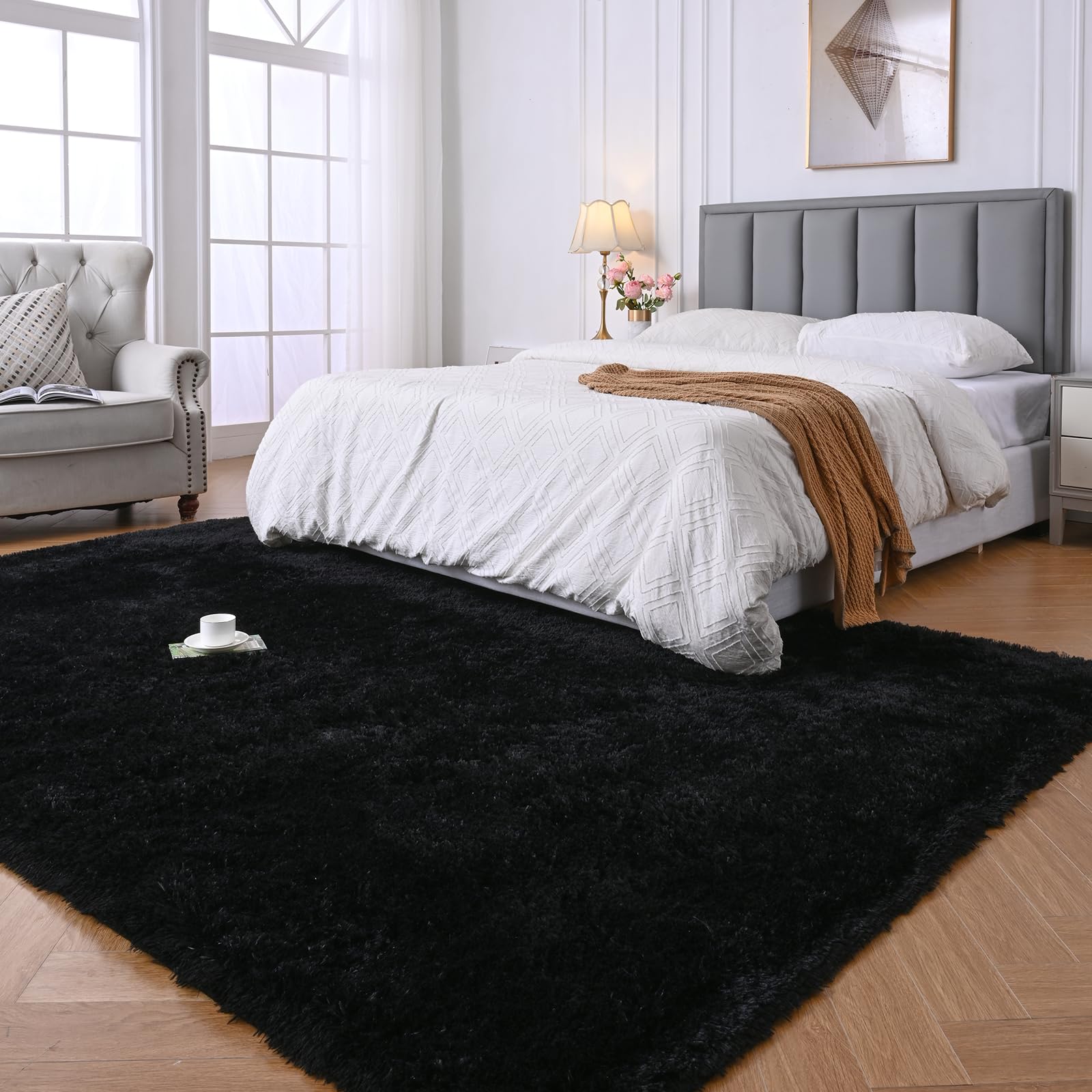 Black Fluffy Area Rugs for Bedroom:Black Plush Area Rug 4x6 - Indoor Modern Shaggy Soft Carpet for Living Room Bedroom Kids Room