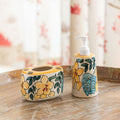ExclusiveLane Eden Bloom HandPainted Ceramic Bathroom Accessories Set of 2 (Liquid Soap Dispenser for Wash Basin, Paste & Too