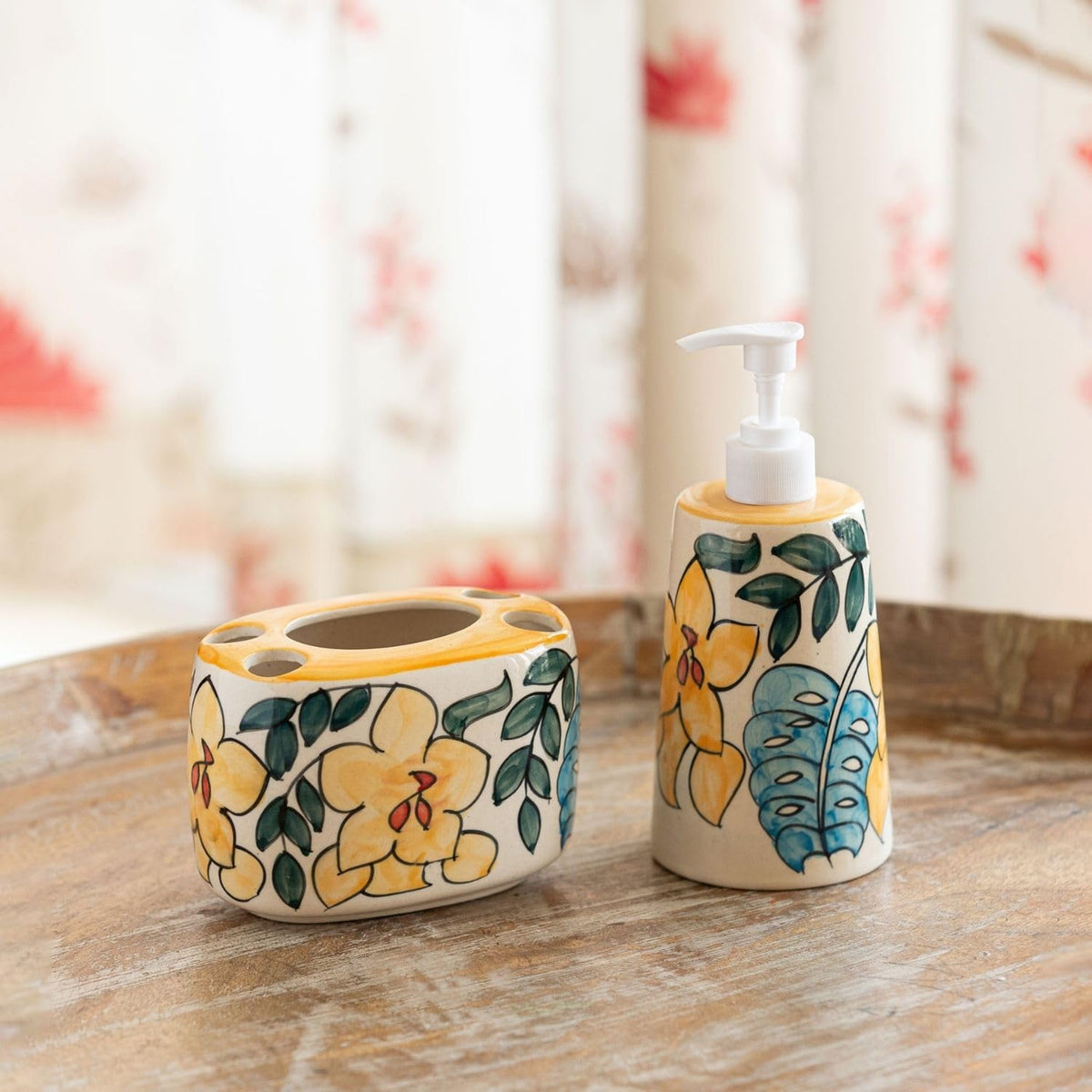 ExclusiveLane Eden Bloom HandPainted Ceramic Bathroom Accessories Set of 2 (Liquid Soap Dispenser for Wash Basin, Paste & Too