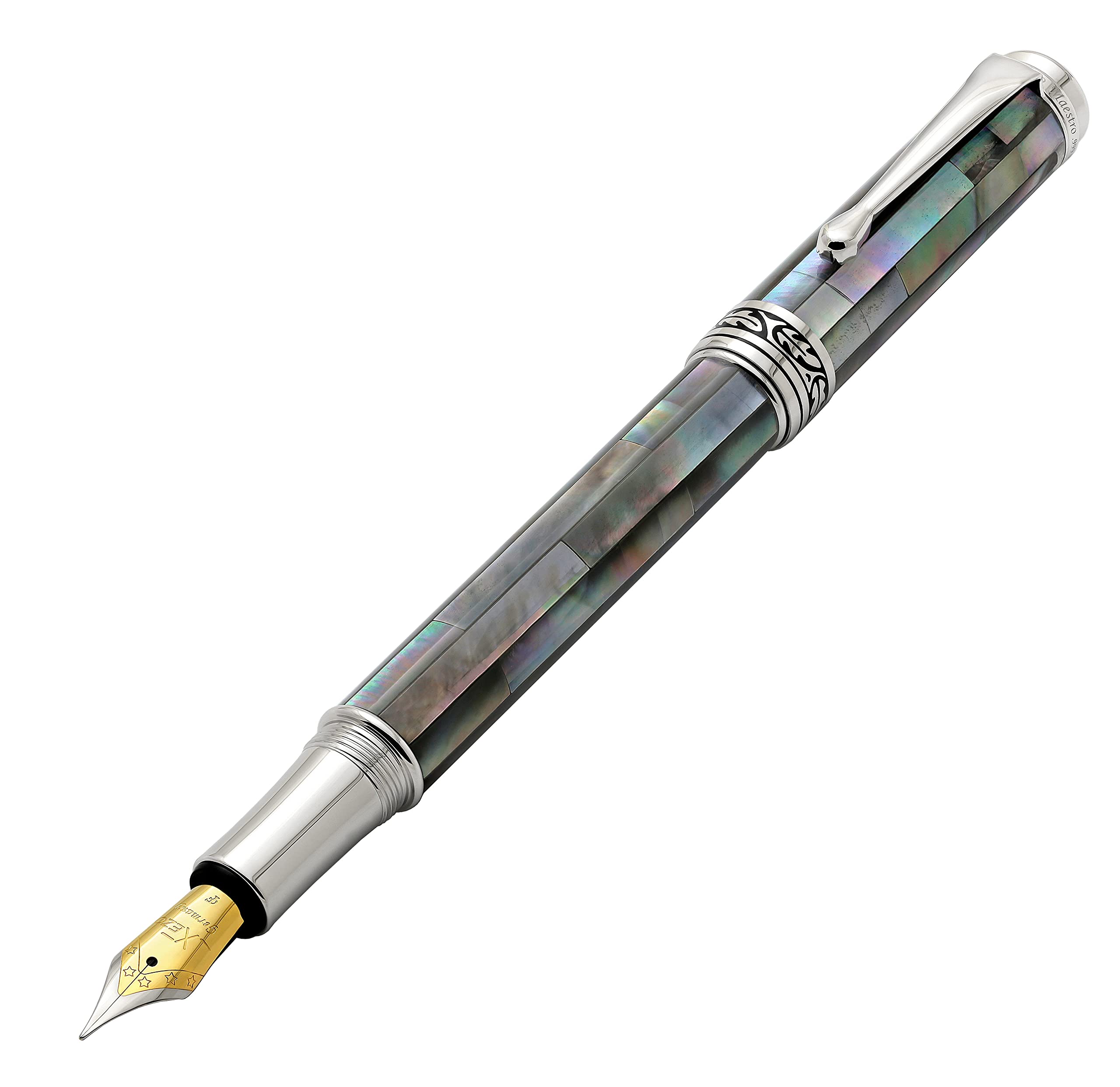 Xezo Maestro Fine/Extra-Fine Nib Fountain Pen Handcrafted With Black Mother Of Pearl. Platinum Plated. Limited Edition, Serializ