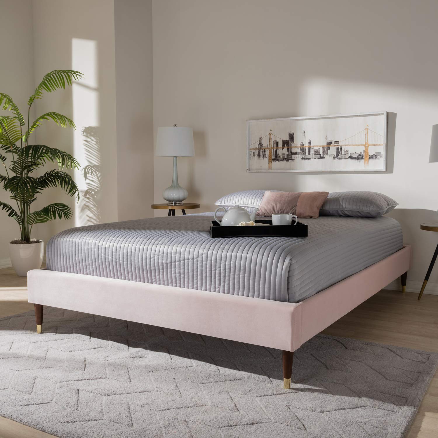 Baxton Studio Volden Glam and Luxe Light Pink Velvet Fabric Upholstered Queen Size Wood Platform Bed Frame with Gold-Tone Leg Tips