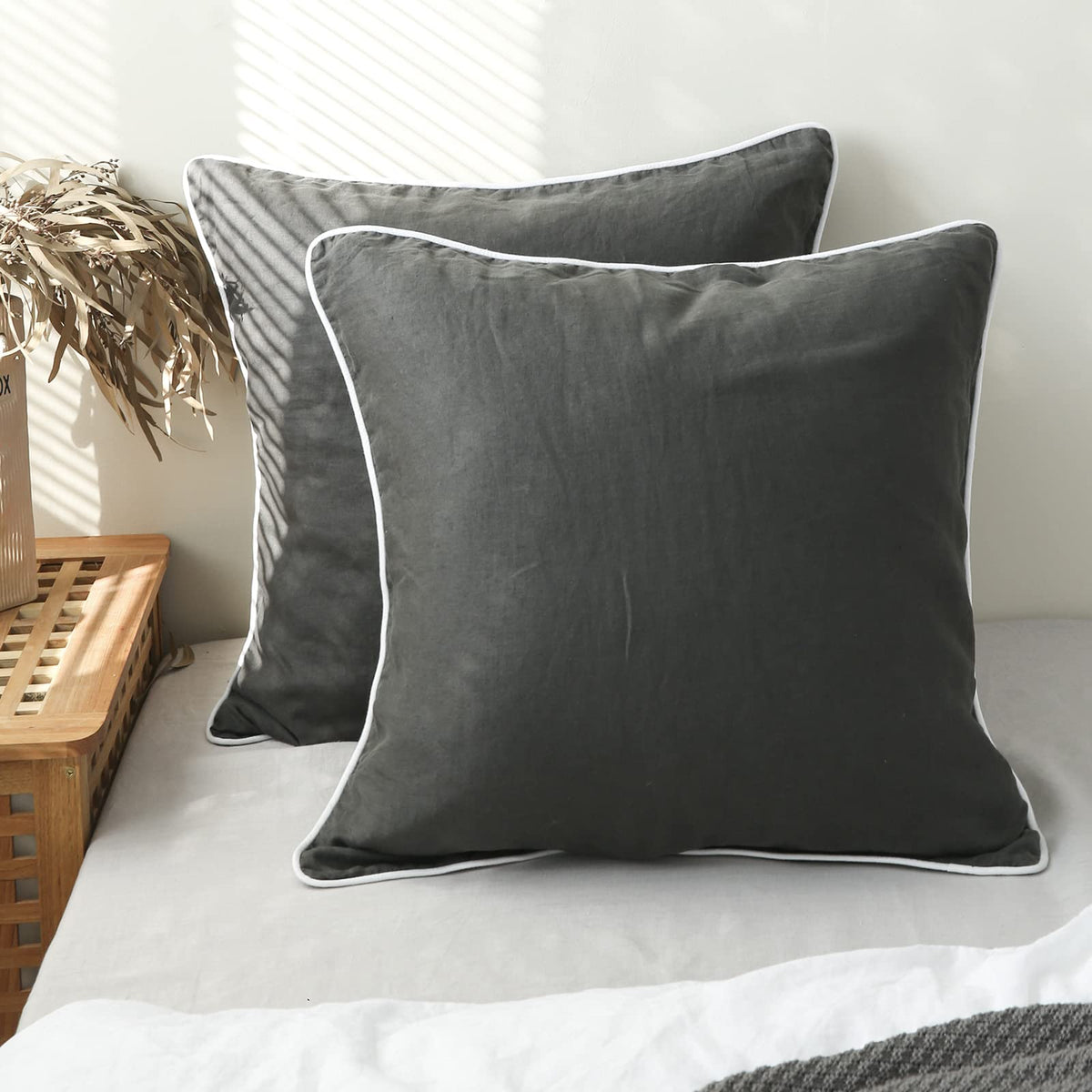 Simple&Opulence 100% Linen Euro Shams with White Trim Inserted Edges, 26''x26'' Home Decorative Pillow Cover Set of 2, Basic Sty