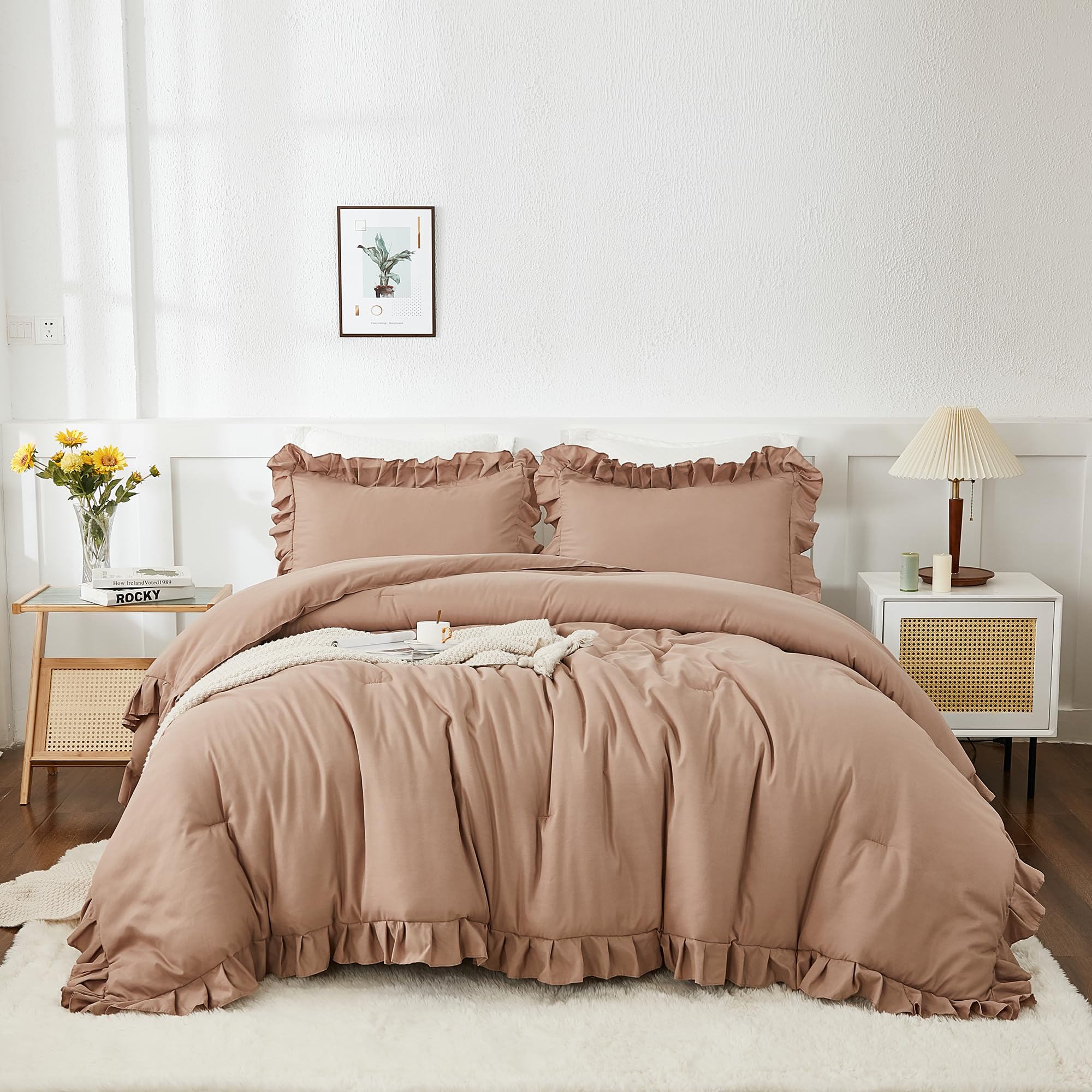 Andency Taupe King Comforter Set(104X90Inch), 3 Pieces(1 Ruffle Comforter And 2 Pillowcases) Lightweight And Fluffy Bedding Comf