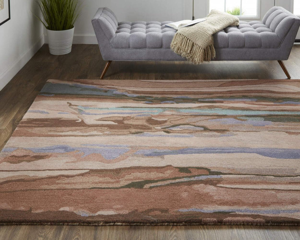 HomeRoots 512750 8 x 10 ft. Blue Red & Ivory Wool Abstract Hand Tufted Handmade Stain Resistant Rectangle Area Rug
