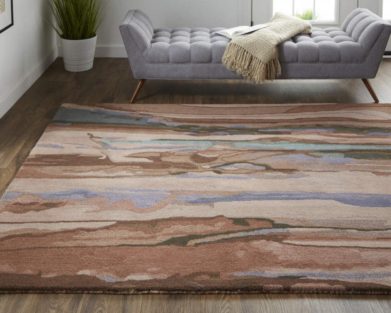 HomeRoots 512750 8 x 10 ft. Blue Red & Ivory Wool Abstract Hand Tufted Handmade Stain Resistant Rectangle Area Rug