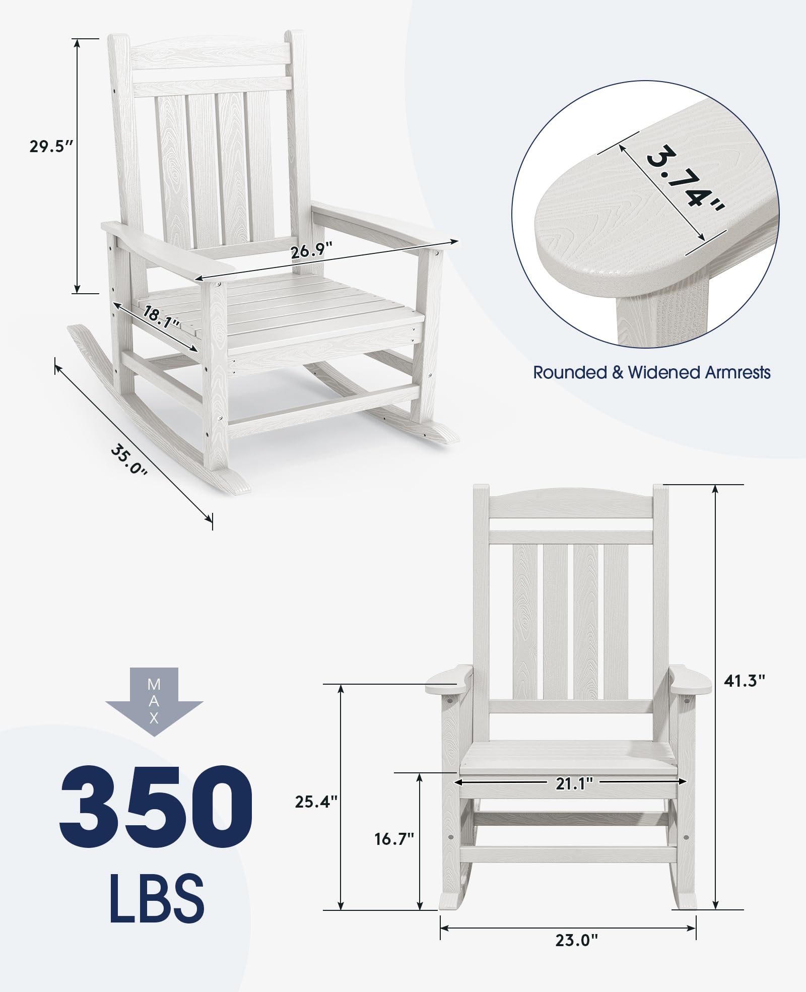 Kingyes Oversized Patio Rocking Chair Set Of 2, High Density Polyethylene Outdoor Rocking Chairs With 350Lbs Support For Adults, Light White