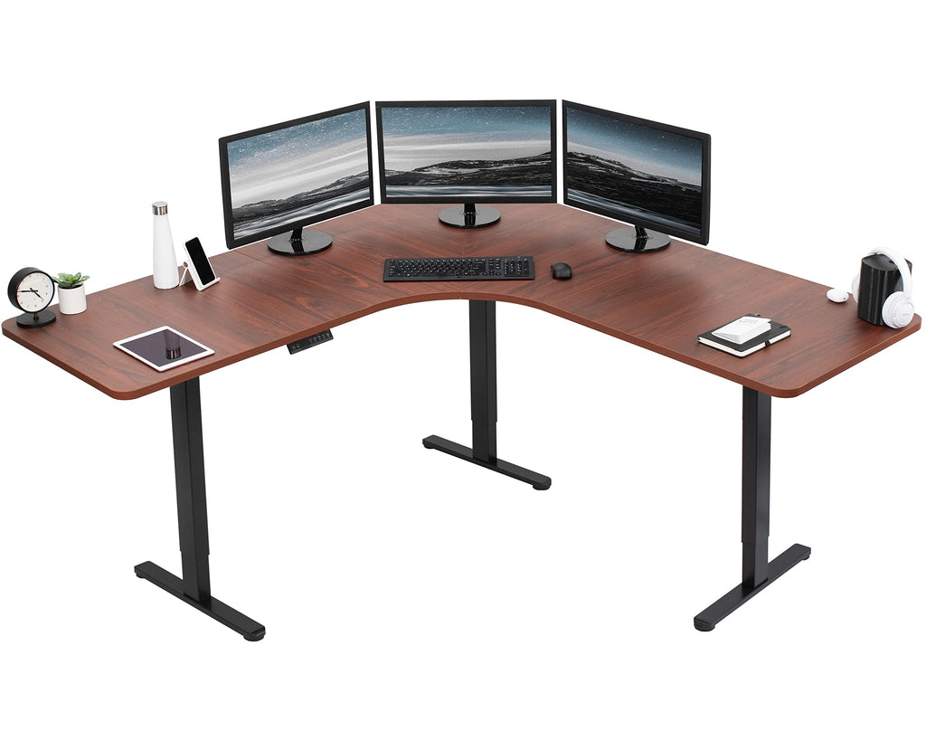 Vivo Electric Height Adjustable 71 X 71 Inch Curved Corner Stand Up Desk, Dark Walnut Table Top, Black Frame, Memory Controller, L-Shaped Workstation, E3C Series, Desk-Kit-E3Cbd