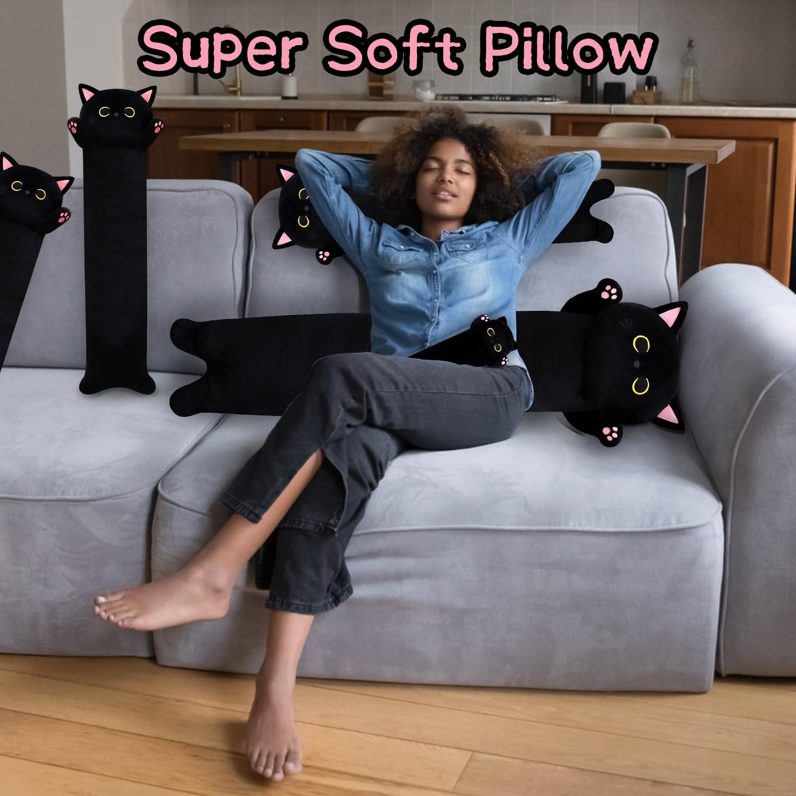 Mufeiruo Long Cat Plush Long Cat Body Pillow, 33' Cute Black Cat Stuffed Animals Cat Plushie, Soft Cartoon Cat Plush Pillow Kaw