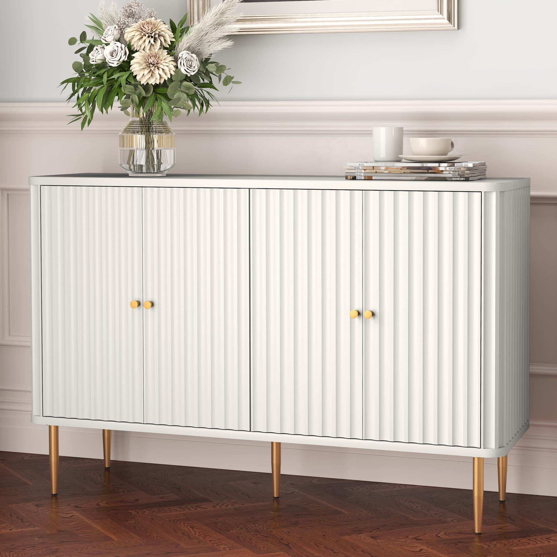 HLR Sideboard Buffet Cabinet, 48  Accent Fluted Cabinet with 4 Door and Removable Shelves, Modern Credenza with Storage for Livi