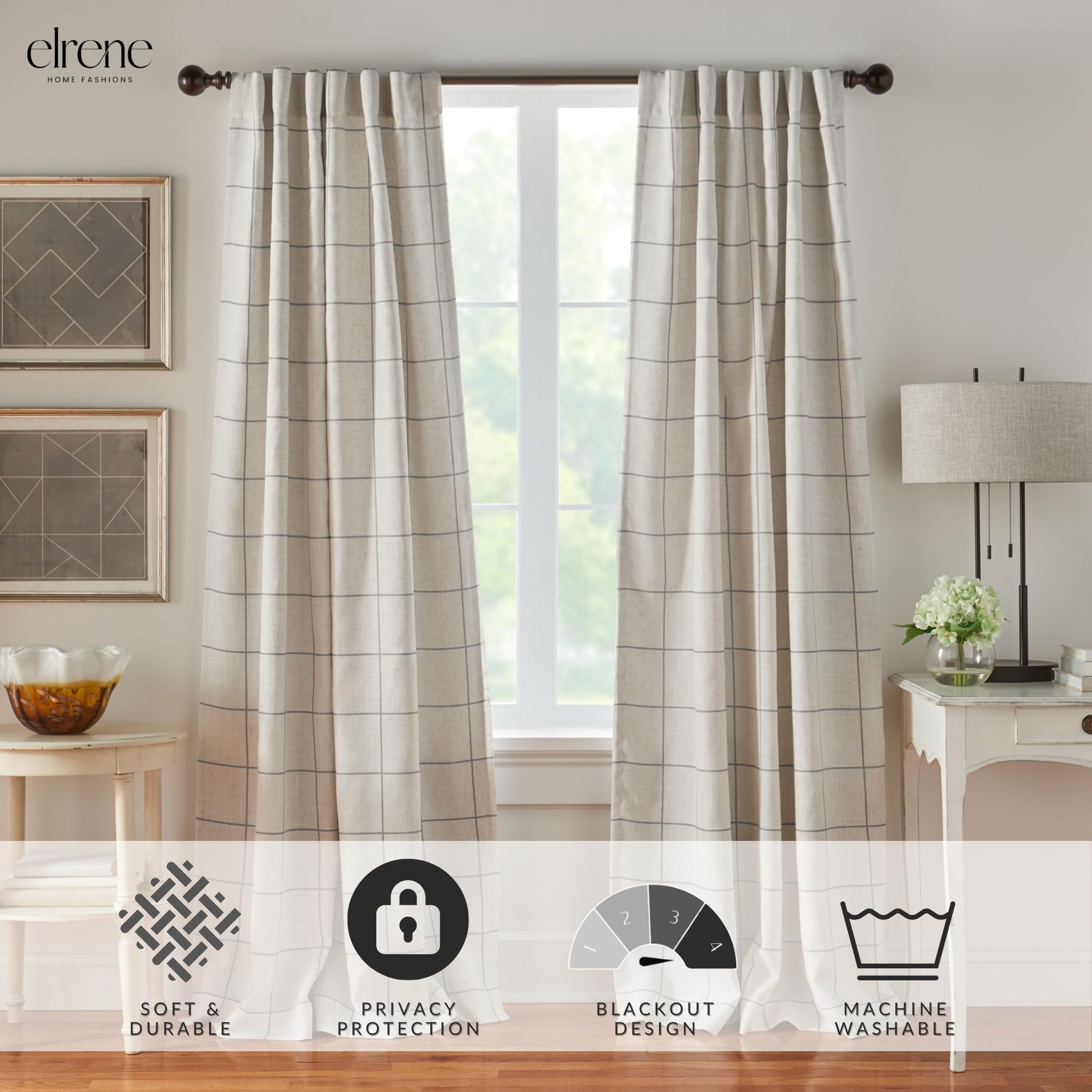 Elrene Home Fashions Brighton Windowpane Plaid Blackout Window Curtain, Living Room And Bedroom Drape With Rod Pocket Tabs, 52''