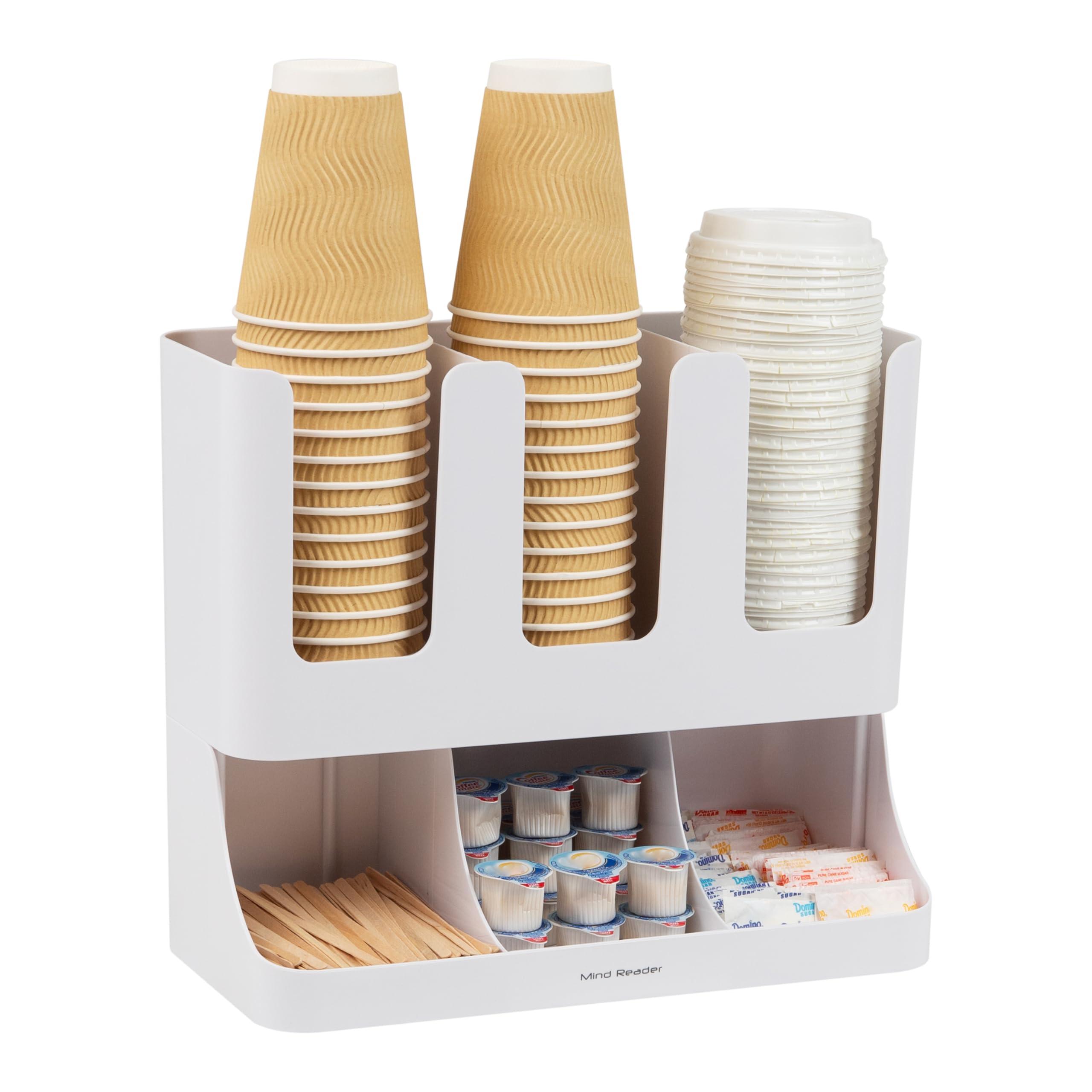 Mind Reader 6 Compartment Upright Breakroom Coffee Condiment and Cup Storage Organizer, White