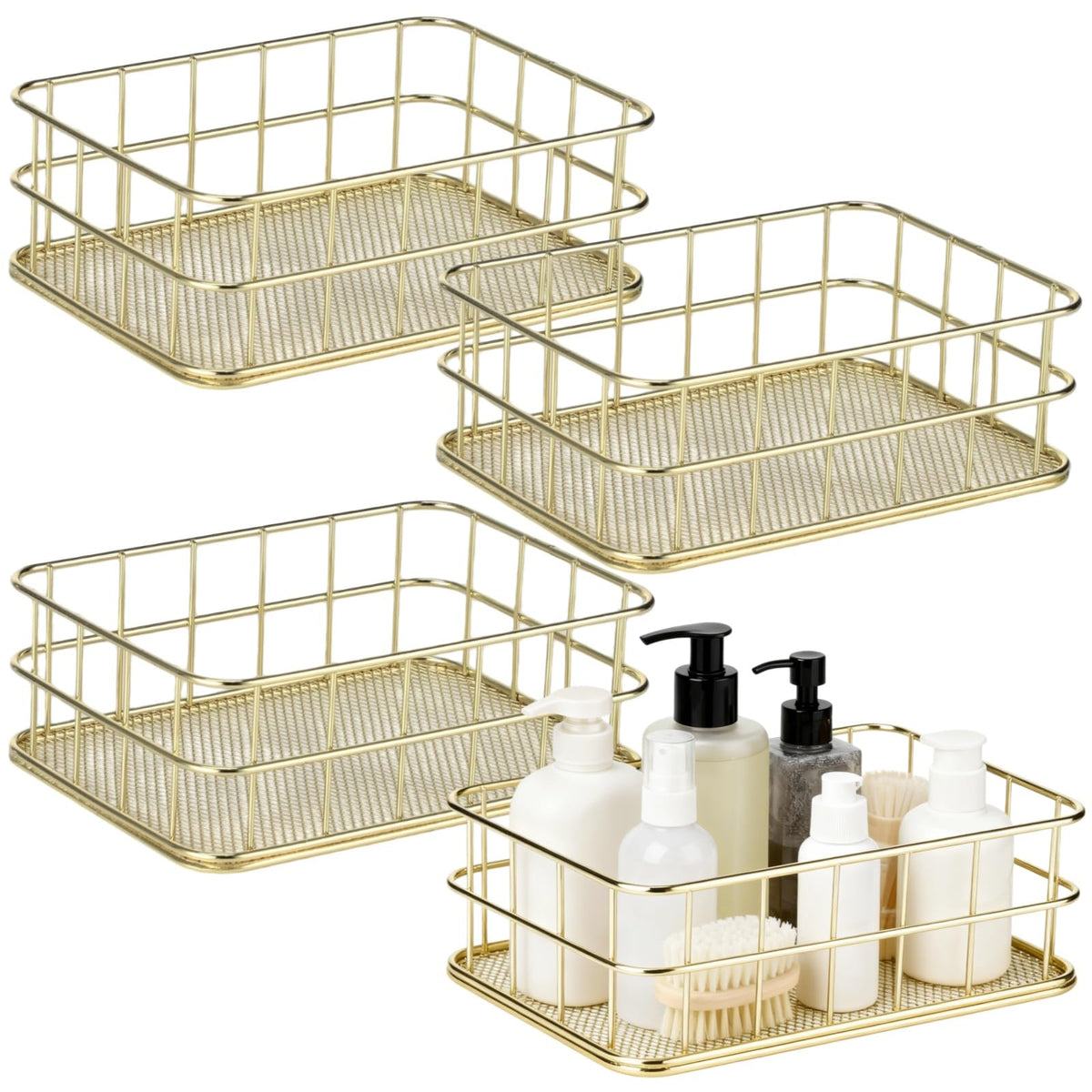 4 Pcs Gold Metal Wire Basket 6.8 x 4.8 in, Small Wire Mesh Storage Bin, Decorative Shelf Basket for Bathroom Vanity Desk, Counte