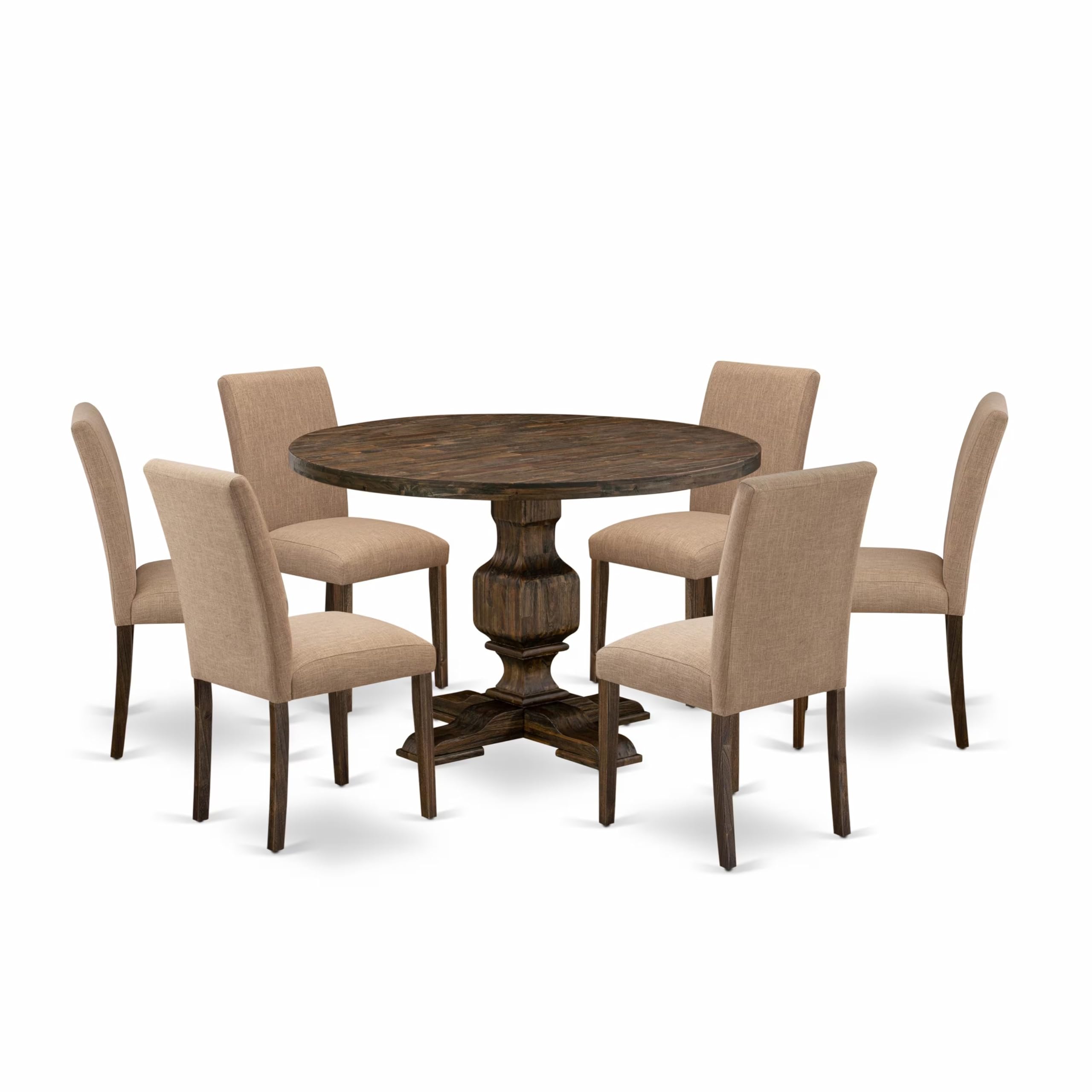 East West Furniture I3AB7-747 7 Piece Modern Dining Table Set Consist of a Round Wooden Table with Pedestal and 6 Light Sable Linen Fabric Parson Chairs, 48x48 Inch, Distressed Jacobean