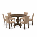 East West Furniture I3AB7-747 7 Piece Modern Dining Table Set Consist of a Round Wooden Table with Pedestal and 6 Light Sable Linen Fabric Parson Chairs, 48x48 Inch, Distressed Jacobean