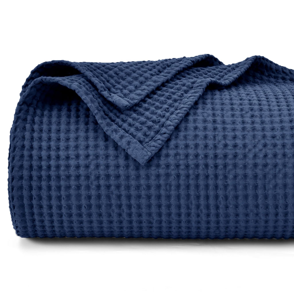Phf 100% Cotton Waffle Weave Blanket Twin Size 66'X90' - Lightweight Washed Soft Breathable Blanket -Great Blanket Layer For Couch Bed Sofa - Elegant Aesthetic Roome Decoration - Navy Blue/Bright Blue