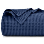 Phf 100% Cotton Waffle Weave Blanket Twin Size 66'X90' - Lightweight Washed Soft Breathable Blanket -Great Blanket Layer For Couch Bed Sofa - Elegant Aesthetic Roome Decoration - Navy Blue/Bright Blue