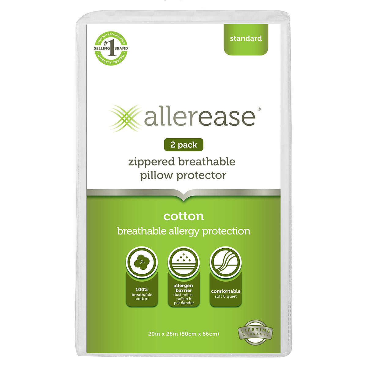 Allerease 100% Breathable Cotton Pillow Protector For Sleeping, Standard 26' X 20' - 2 Pack