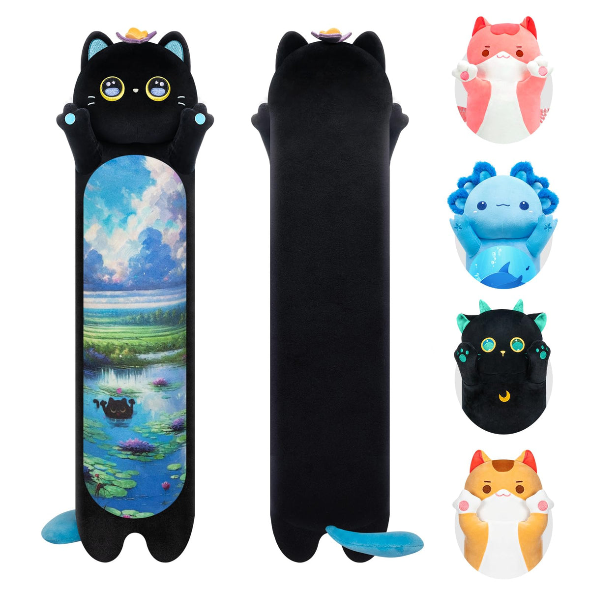 Caaaat Long Cat Plush, Cute Black Cat Stuffed Animals Soft Plushies, Kitten Kawaii Kids Plush Black Cat Body Pillow Doll Plush T