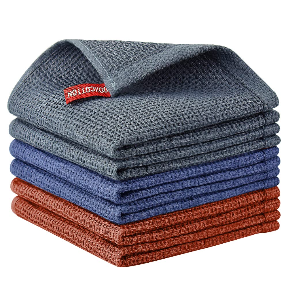 Nialnant 100% Cotton Dish Rags, 6 Pack Waffle Weave Kitchen Towels,Quick Drying Dish Cloths for Washing Dishes 12x12 Inches,Mult