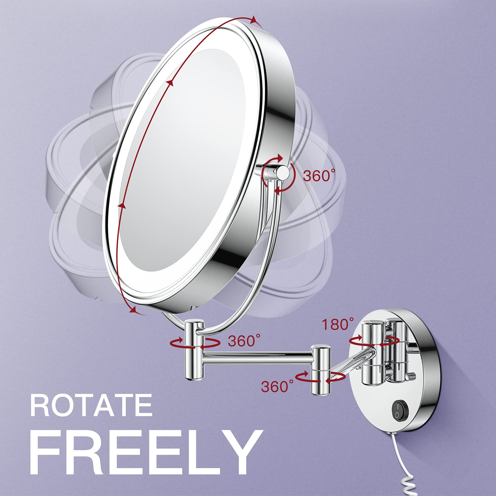 Benbilry 9' Wall Mounted Lighted Makeup Mirror With Magnification 10X, Large Size Double Sides Led Vanity Mirror, 10X Magnifyin