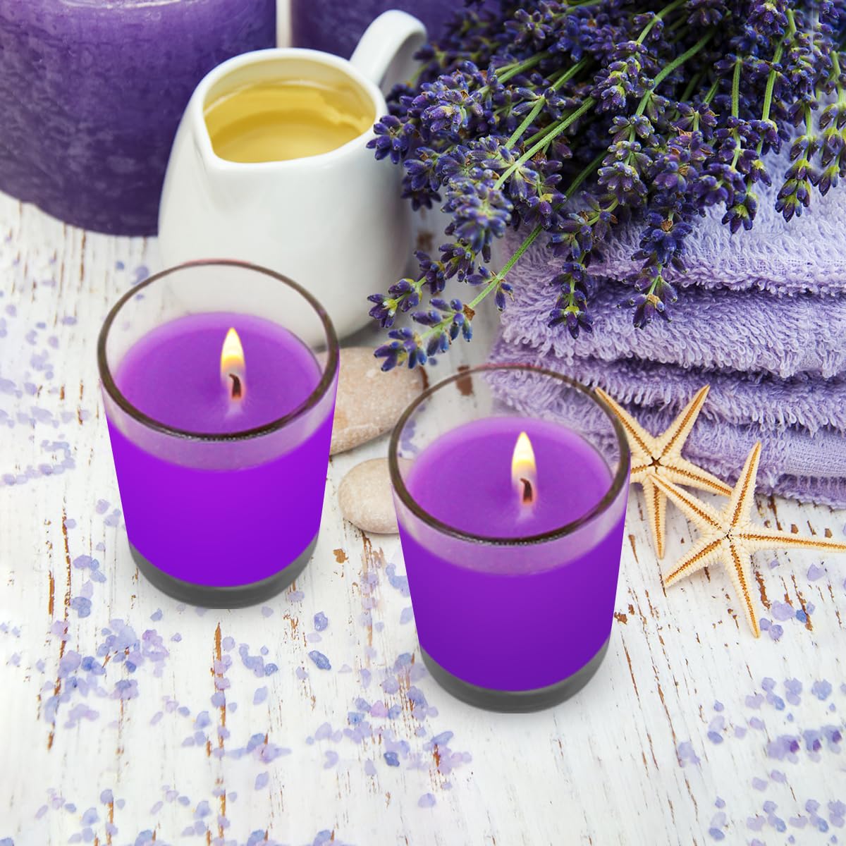 Set Of 4 Purple Votive Candles, Clear Glass Filled Soy Wax Lavender Scented Candles For Home Spa Stress Relax And Diy