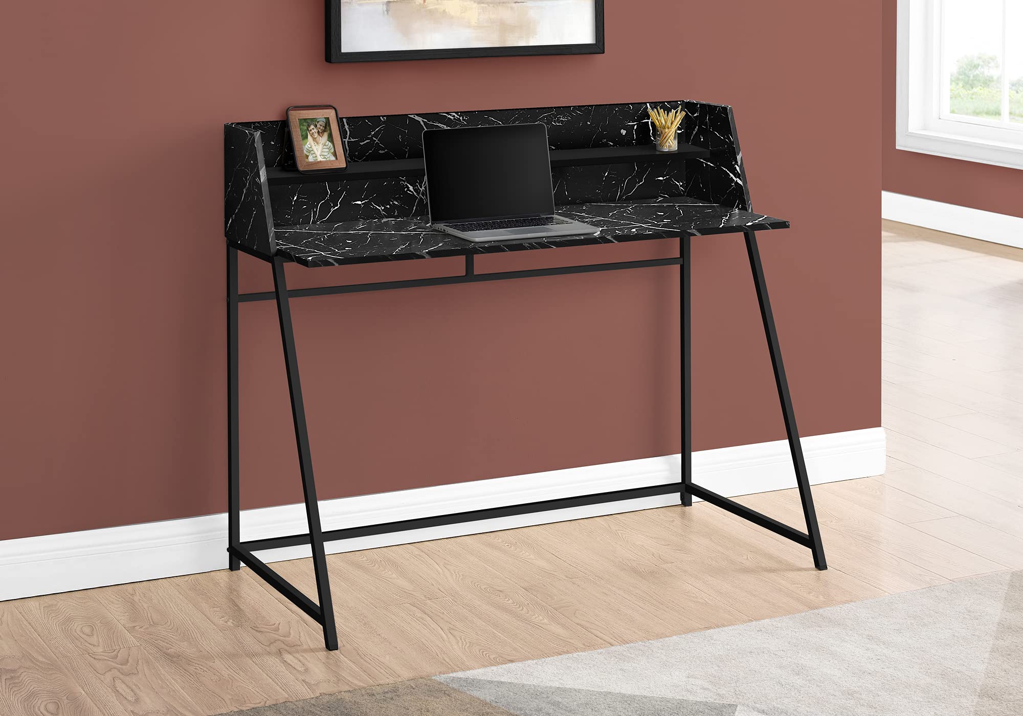 Monarch specialties 7544 Computer Desk, Home Office, Laptop, Storage Shelves, 48' L, Work, Metal, Laminate, Contemporary, Modern Desk-48 L Black Marble-Look Black, 47.25' L x 23.75' W x 39.25' H