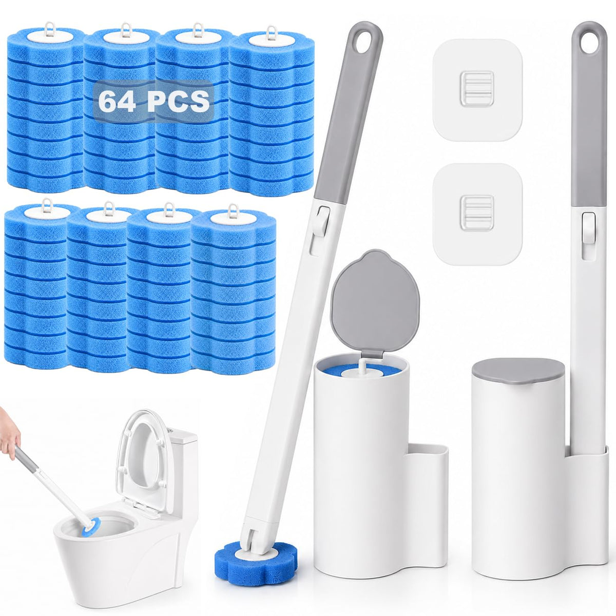 Disposable Toilet Brush Kit with 2 Handles & Holders, 64 Refill Heads