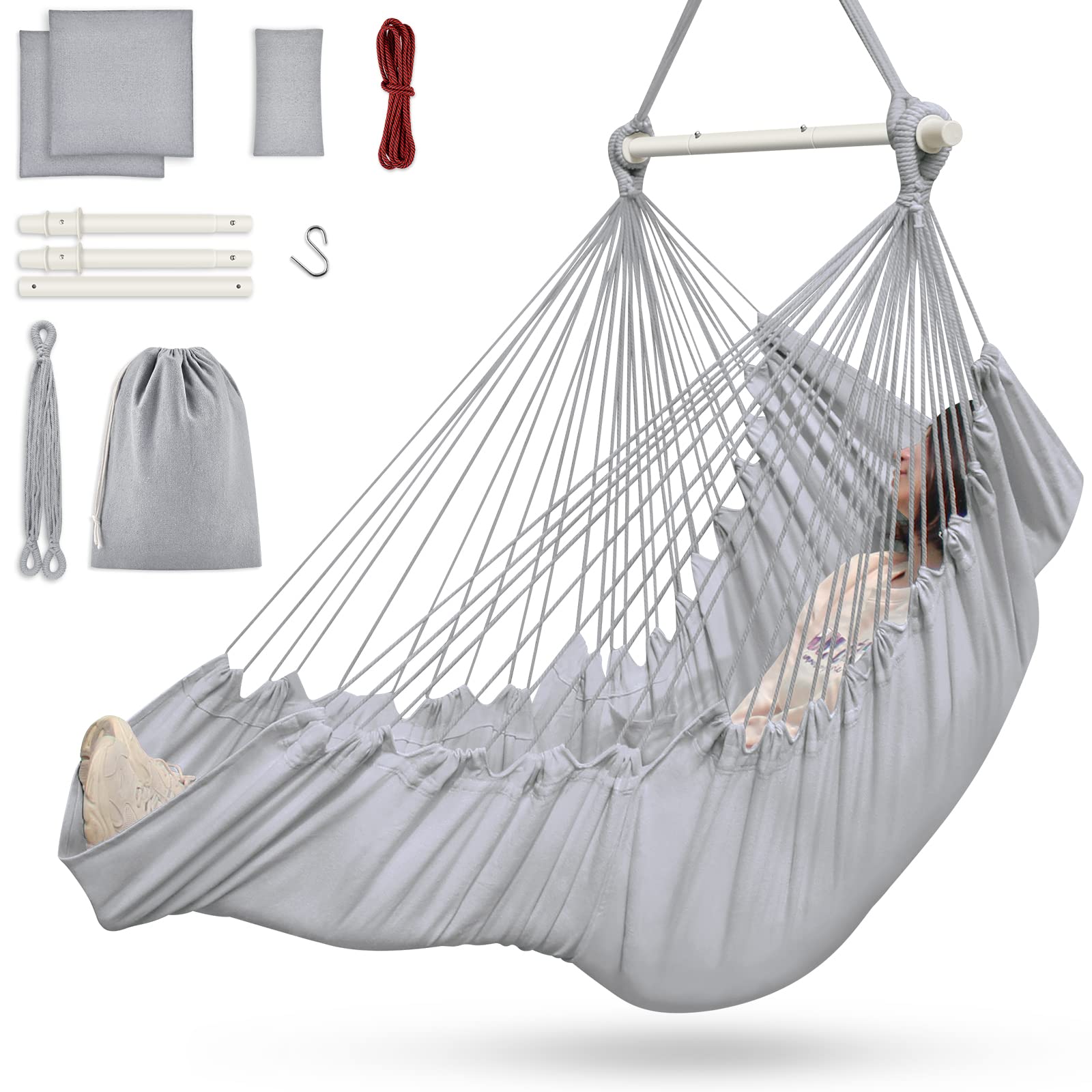 Outerman Hammock Chair, Hanging Chair With 3 Cushions And Foot Rest Support, Sturdy Metal Spreader Bar Max 440 Lbs, Swing Chair