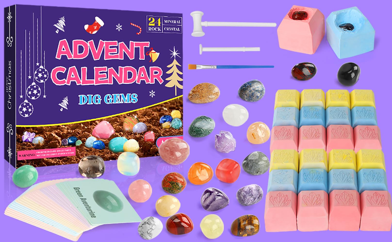 JELMOK Advent Calendar 2024, Gemstone Dig Kit, Valentines Day Cards for Kids,Dig up 24 Real Gems,24 Days Natural Crystal Countdo
