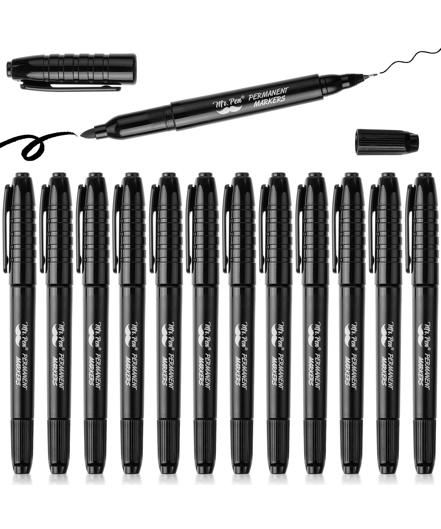 Mr. Pen - Dual Tip Permanent Markers, 12 Pack, Black, Fine & Ultra Fine Point