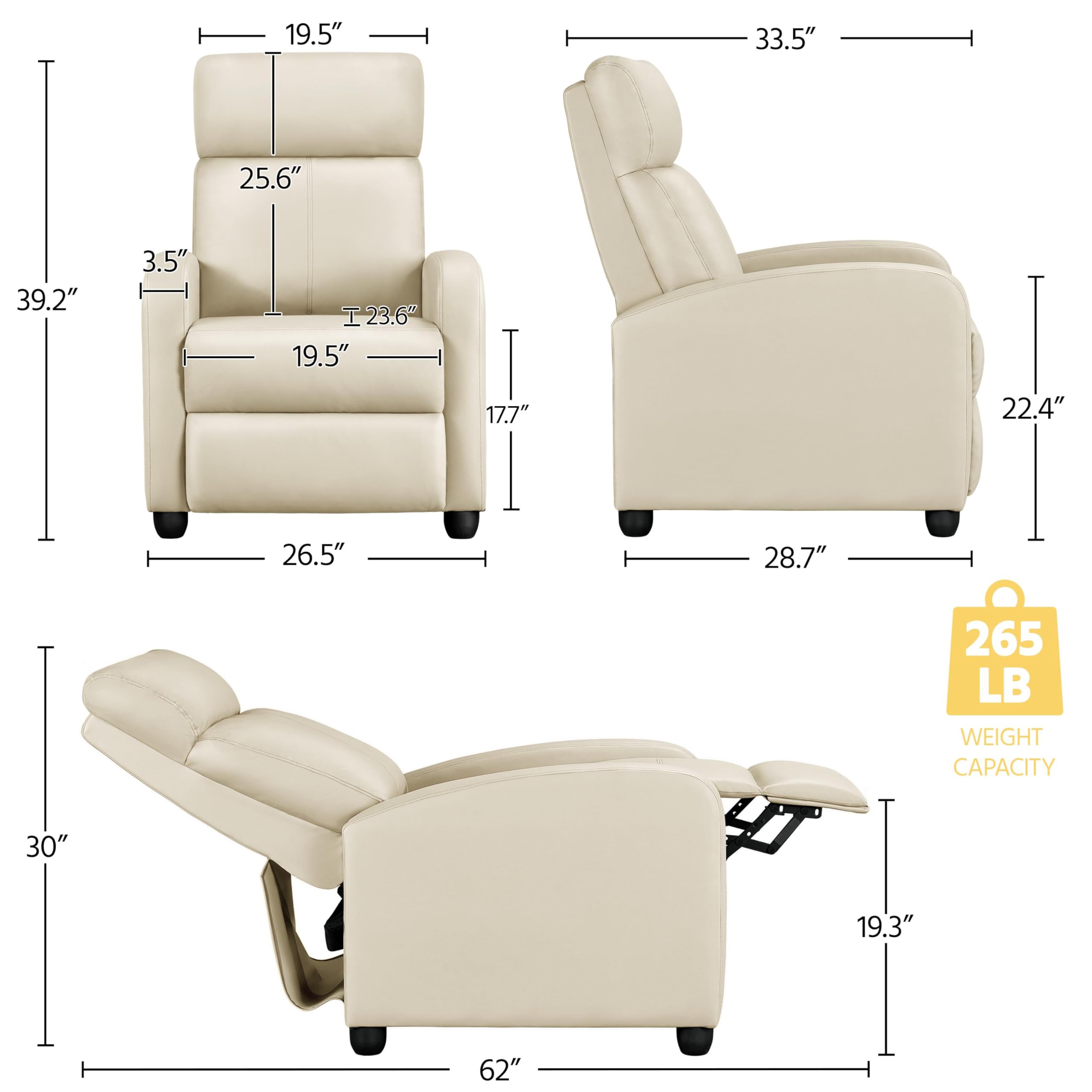 Yaheetech Recliner Chair Pu Leather Recliner Sofa Home Theater Seating Adjustable Modern Single Reclining Chair Sofa With Pocket Spring Living Room Bedroom Beige
