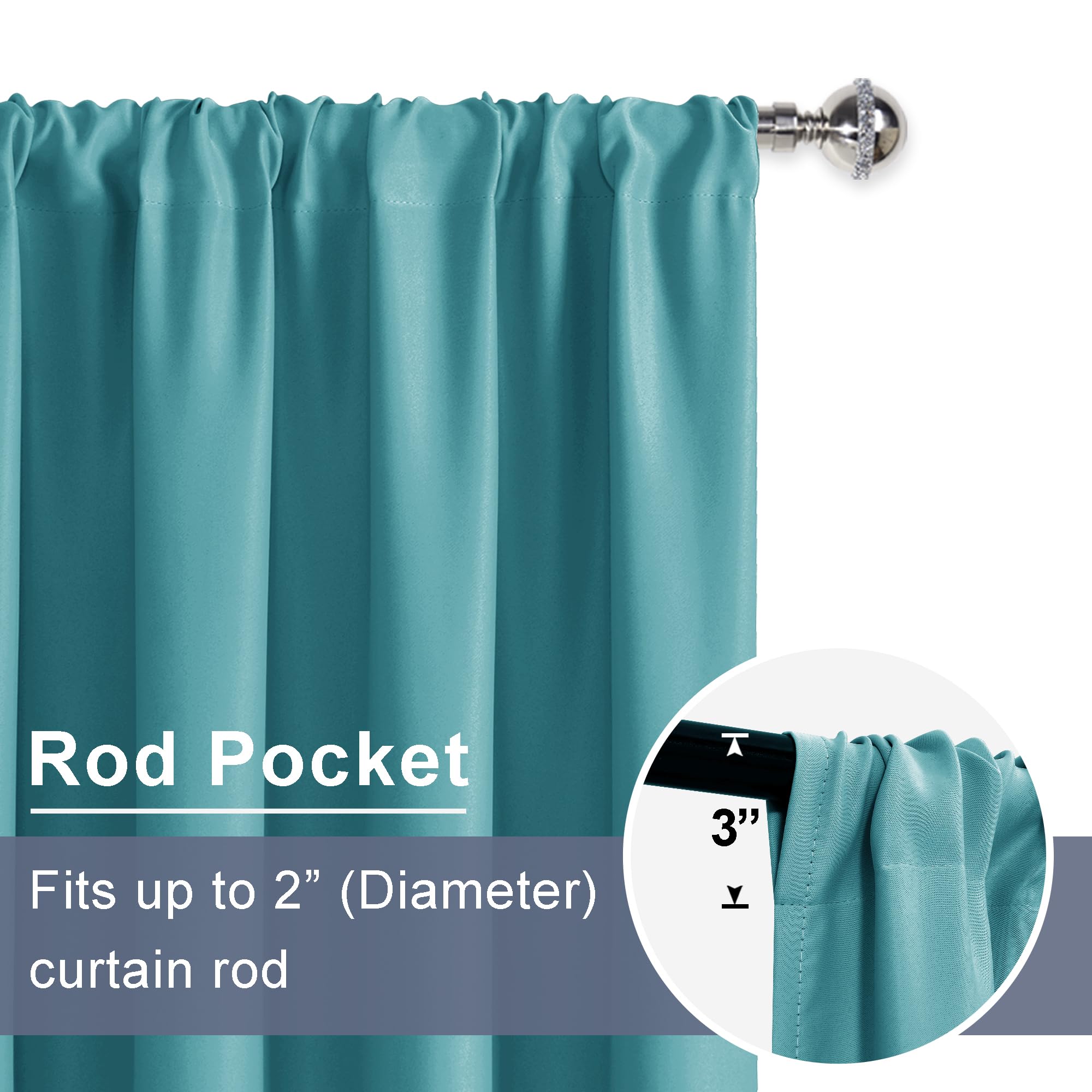 Jiuzhen Blackout Curtains For Bedroom - Thermal Insulated Room Darkening Rod Pocket Curtains For Living Room, Set Of 2 Panels With Tiebacks, 70 X 96 Inch Length, Turquoise