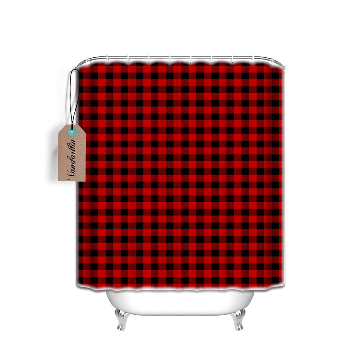 Vandarllin 66X72 Long Fabric Bath Shower Curtain With Plastic C-Rings Set For Home,Rustic Red Black Buffalo Check Plaid Pattern