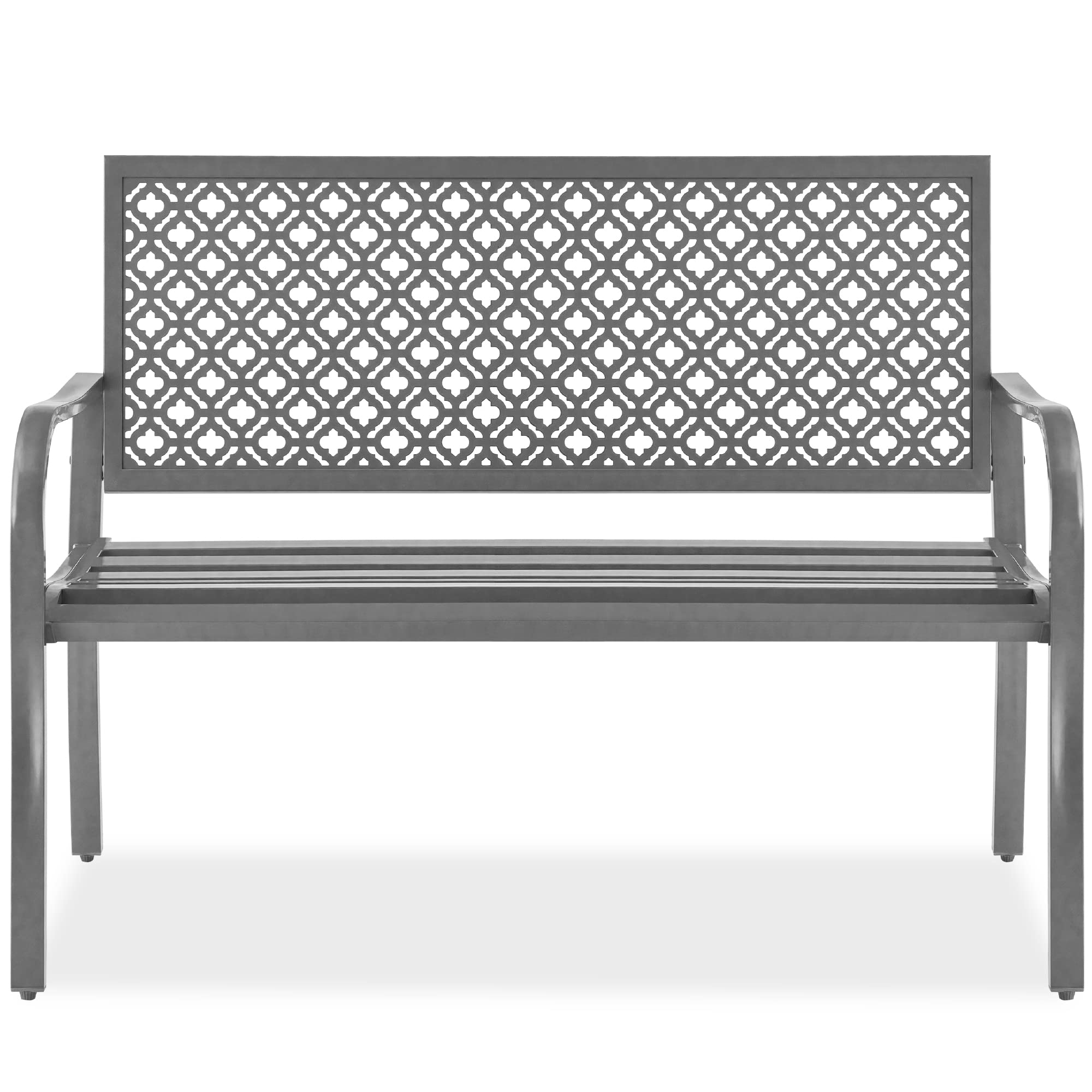Best Choice Products Outdoor Bench 2-Person Metal Steel Benches Furniture For Garden, Patio, Porch, Entryway W/Geometric Backrest, 790Lb Capacity – Gray