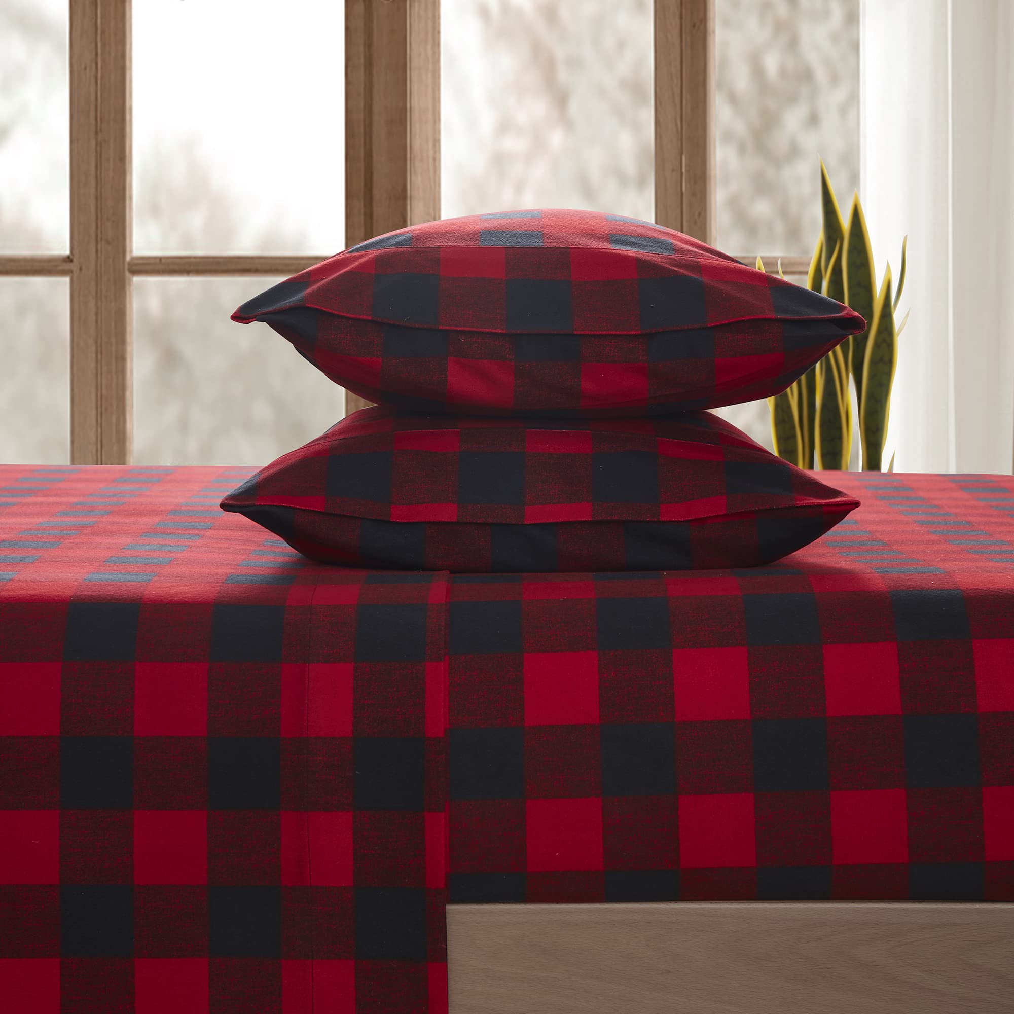 Flannel Sheets Warm And Cozy Deep Pocket Breathable All Season Bedding Set With Fitted, Flat And Pillowcases, Twin, Buffalo Check Plaid Burgundy