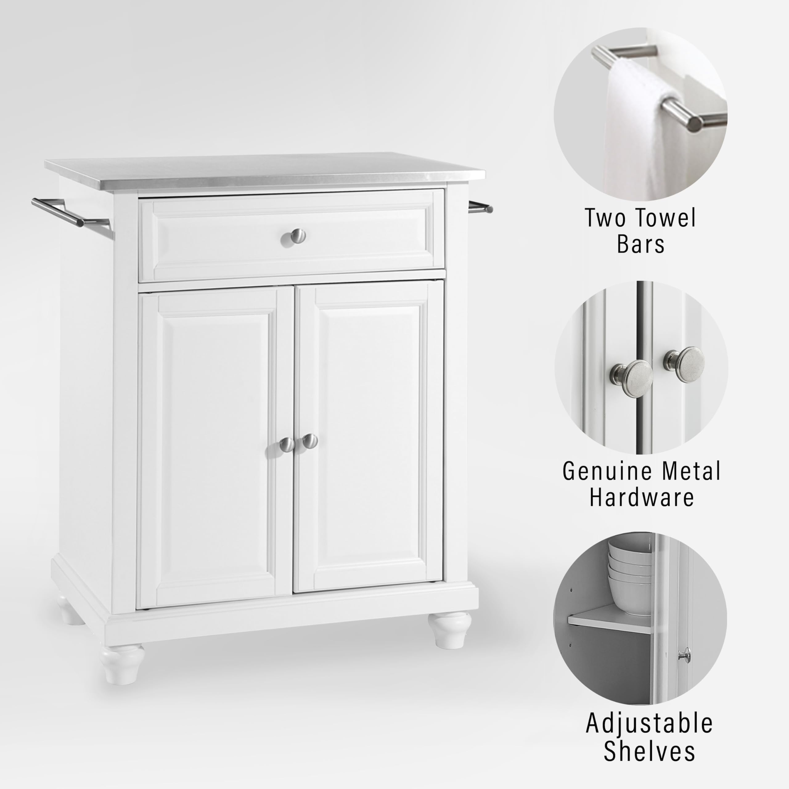 Crosley Furniture Cambridge Stainless Steel Top Small Rolling Kitchen Island Storage Cart, Microwave Stand, White