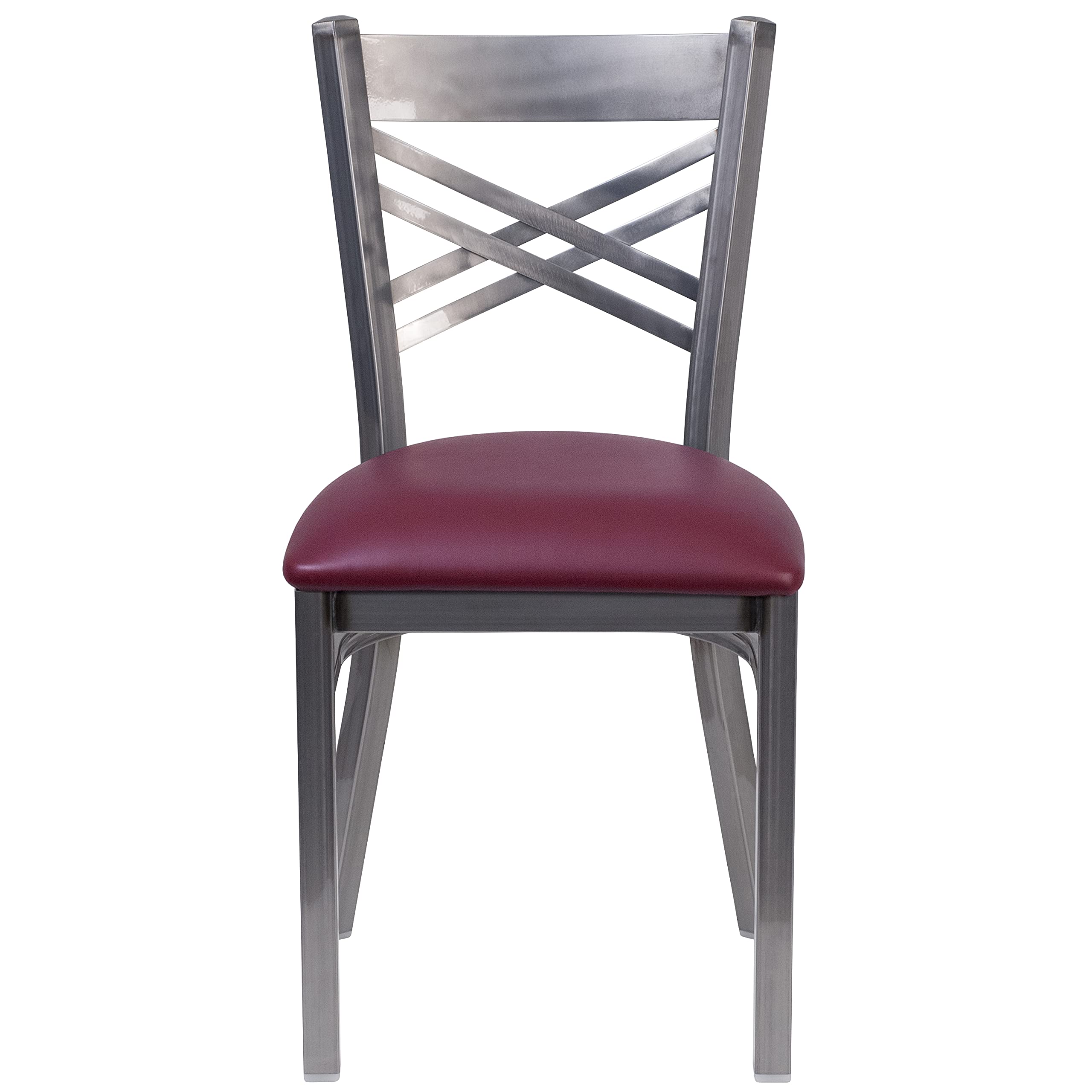 Flash Furniture Hercules Series Clear Coated ''X'' Back Metal Restaurant Chair - Burgundy Vinyl Seat