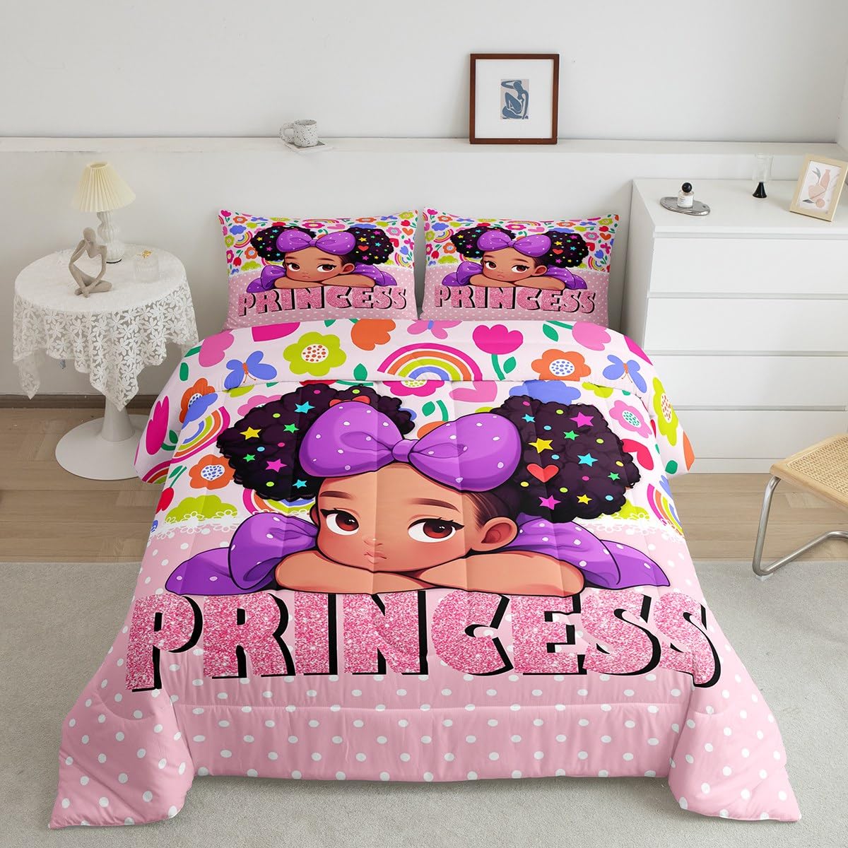 Castle Fairy African American Black Girl Comforter Set Twin Size,Pink Black Princess Girls Bedding Set,Cute Glitter Kids Quilt S