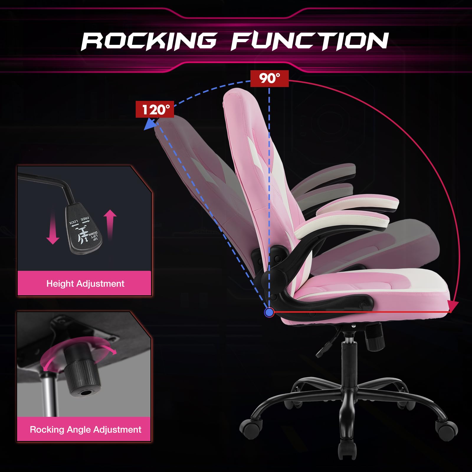 Sweetcrispy Computer Gaming Desk Chair - Pink Ergonomic Office Executive Adjustable Swivel Task Pu Leather Racing Chair With Flip-Up Armrest For Adults, Kids, Men, Girls, Gamer, White Pink
