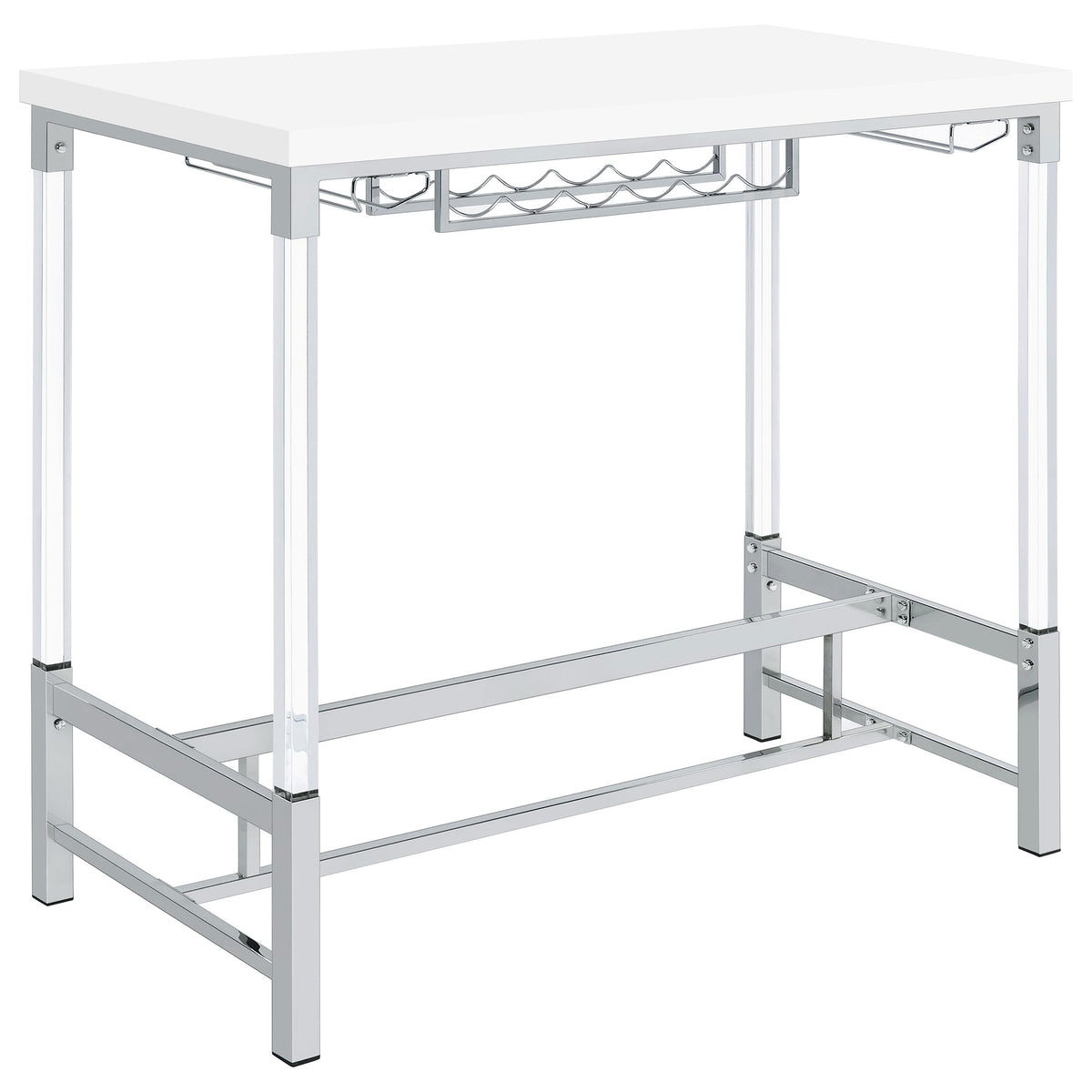 Coaster Home Furnishings Norcrest Pub Height Bar Table with Acrylic Legs and Wine Storage White High Gloss